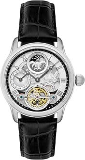 Mens 44mm Longitude Dual Time Automatic Skeleton Watch with Genuine Leather Strap ES-8063