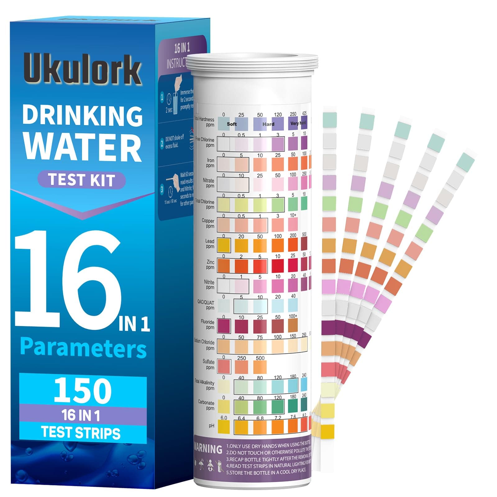 16 in 1 Home Water Testing Kits for Drinking Water -150 Strips Testing for pH, Lead, Hardness, Chlorine, Iron, Copper,etc