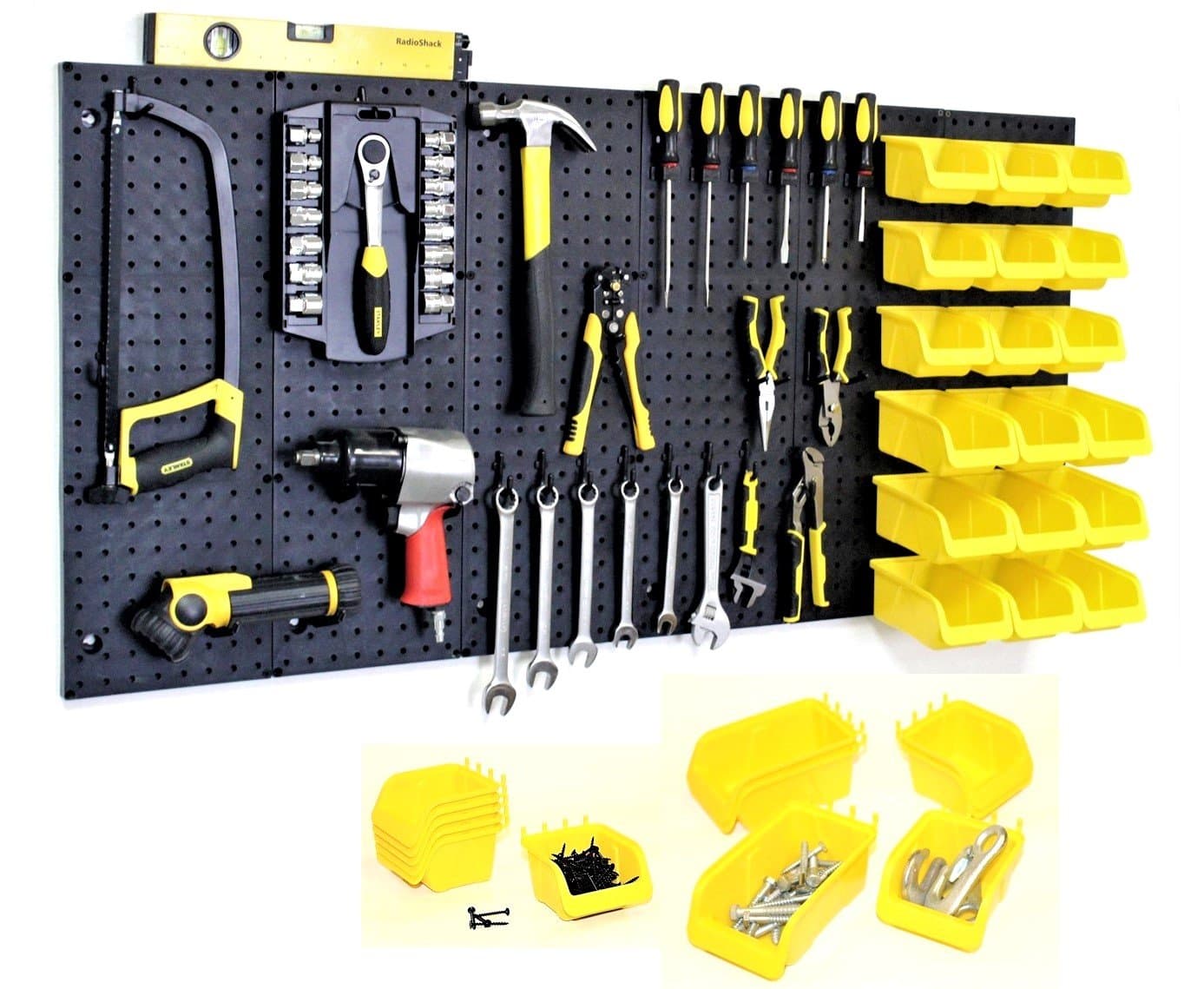 WallPeg24" x 48" Pegboard Wall Organizer Kit (PK-312-B) - Black Metal Pegboard with Yellow Bins & Patented Peg Hooks for Garage, Workshop, or Home Storage