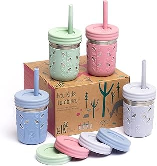 10oz Stainless Steel Kids + Toddler Drinking Cups | The Original Mason Jar with Sleeves + Lids | Silicone Straws | Smoothies | Storage Jar | Spill Resistant | Dishwasher Safe | 4 Pack