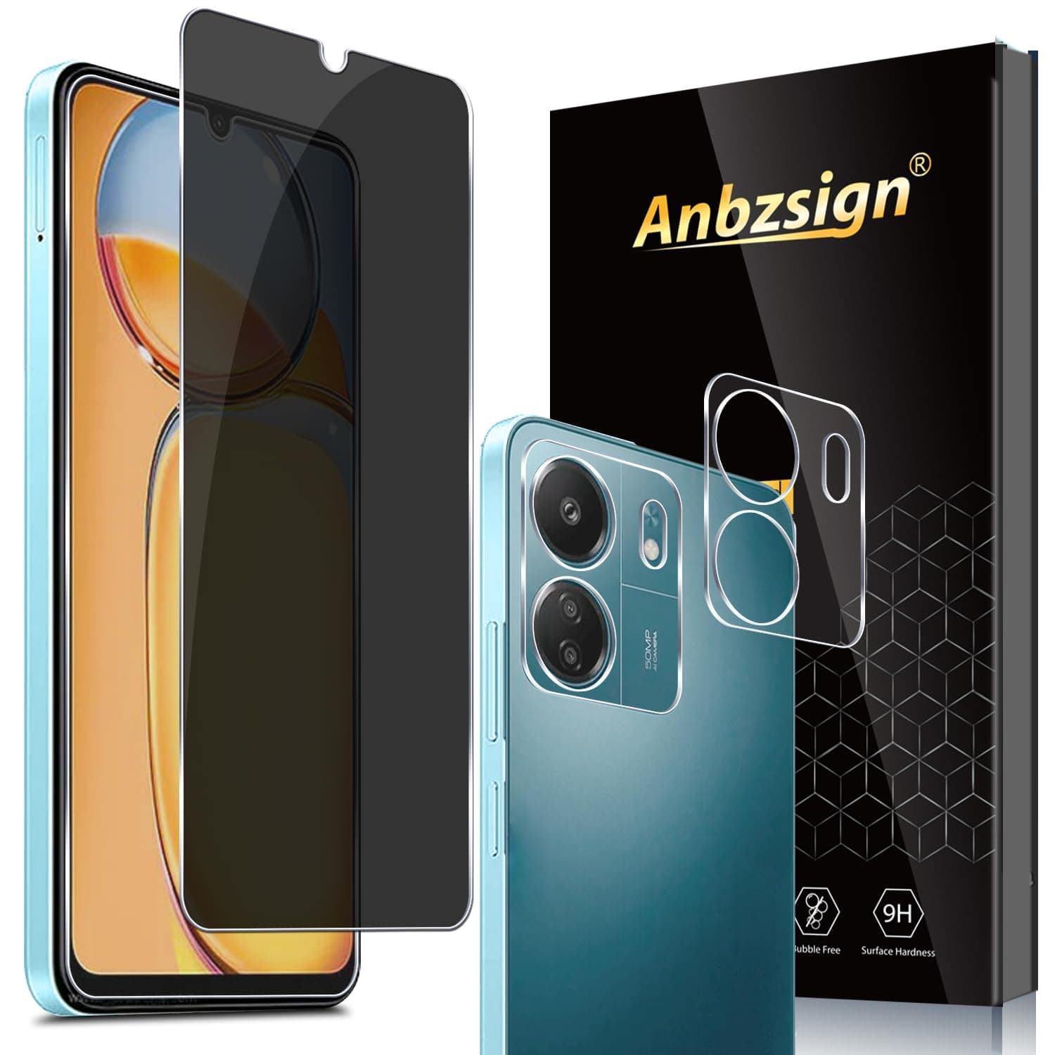 [2+2 Pack for Xiaomi Redmi 13C 4G Privacy Tempered Glass Screen Protecto and Camera Lens Protector, Anti-Spy 9H Hardness Case Friendly Film for Redmi 13C 4G.