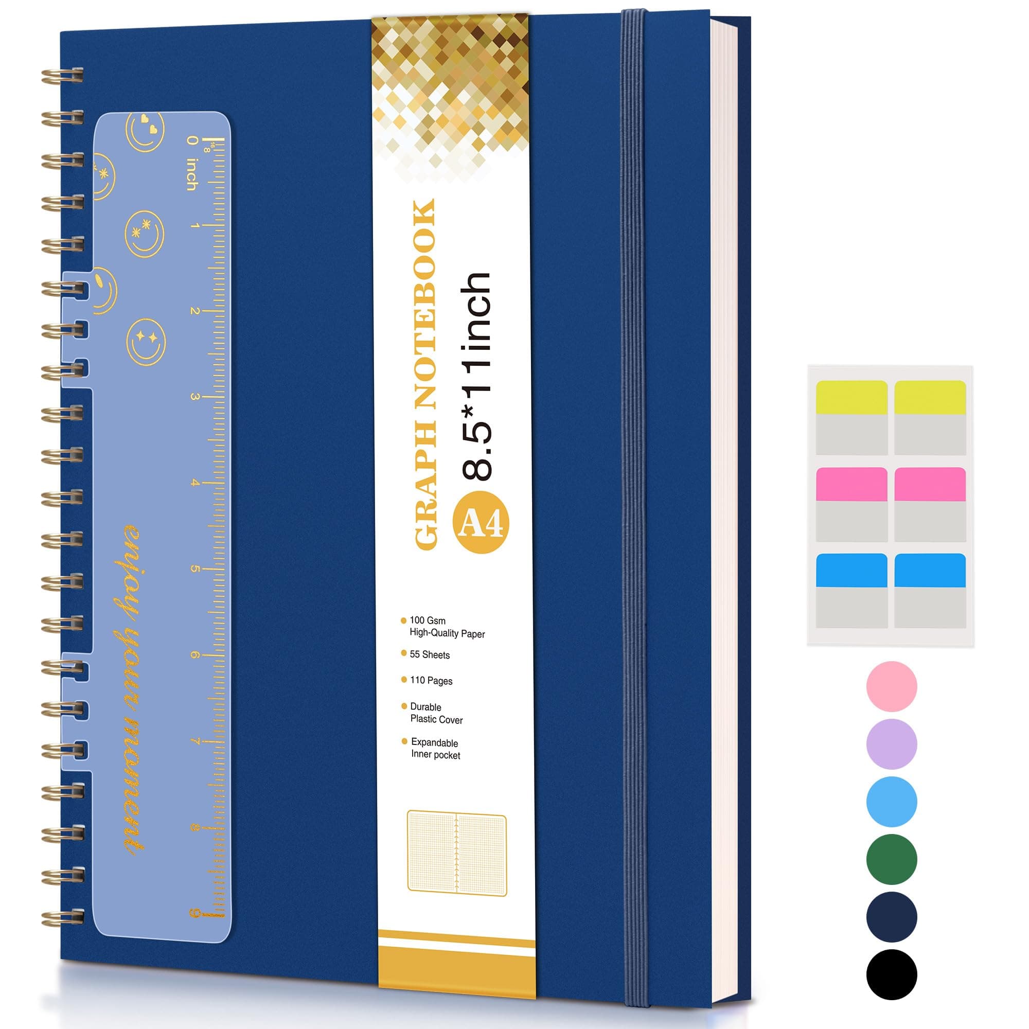 Graph Paper Notebook, Spiral Notebook Journal 8.5” x 11”, A4 Large Grid Notebooks for Women Men, 100 GSM Graph Paper, Plastic Hardcover Spiral Graphing Journals for Work School Engineering, Navy