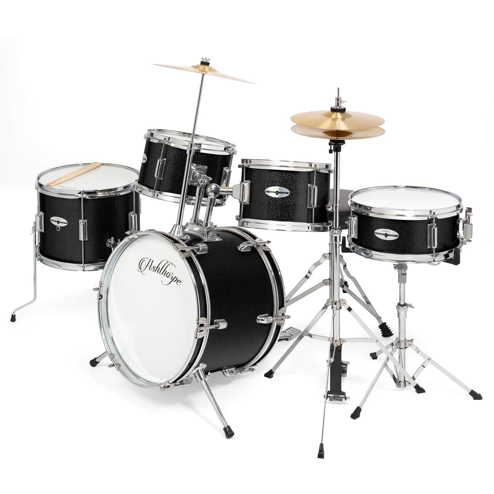 Ashthorpe 5-Piece Complete Kid's Junior Drum Set with Genuine Brass Cymbals - Children's Professional Kit with 16" Bass Drum, Adjustable Throne, Cymbals, Hi-Hats, Pedals & Drumsticks - Black