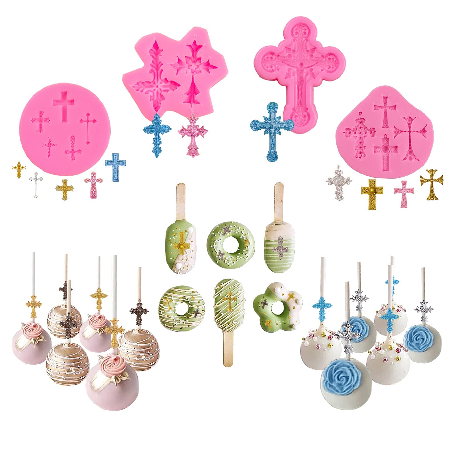 4 Pcs Small Chocolate Molds Baptism Cake Decorations Cross Cake Candy Mold,Fondant Polymer Clay Mold