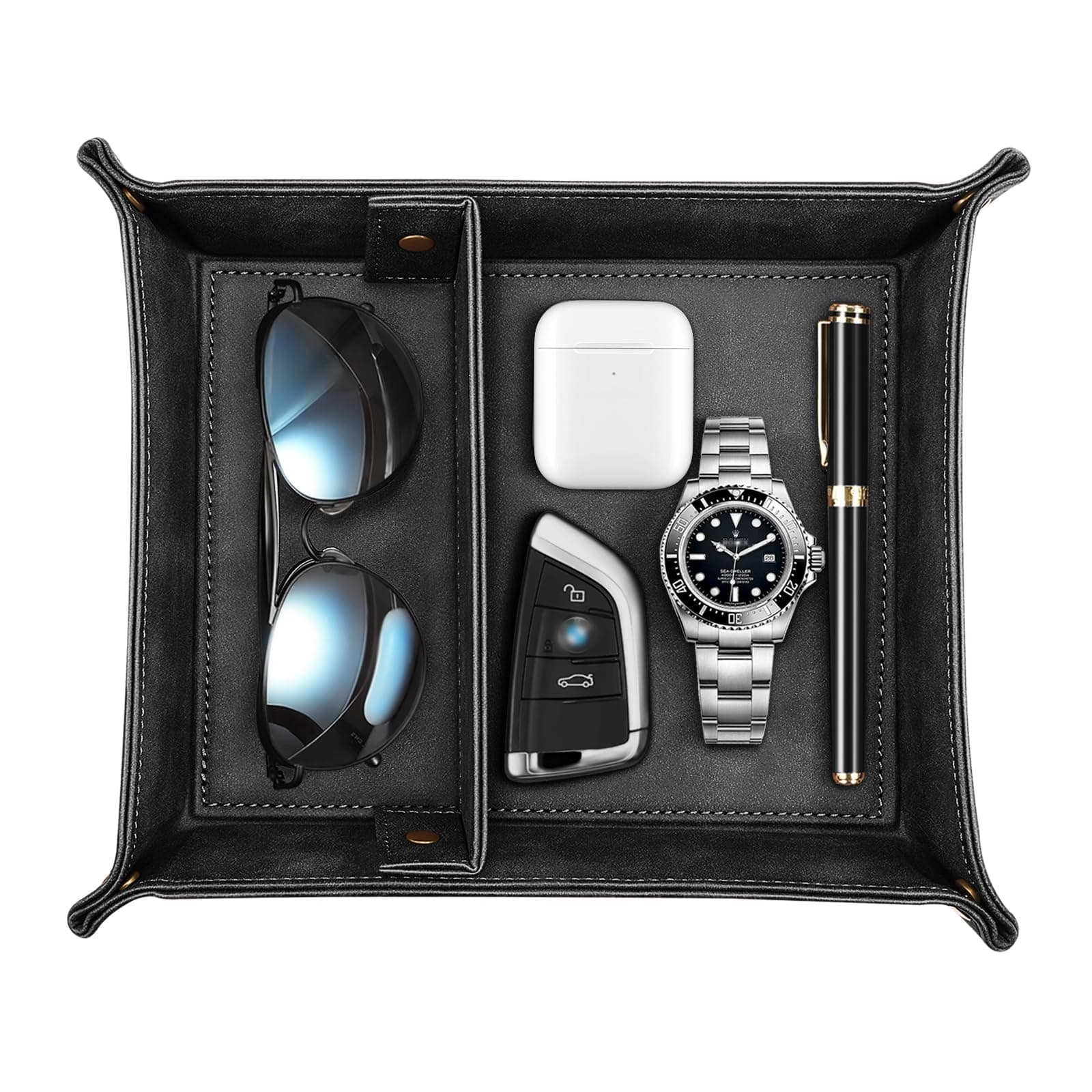 SITHON PU Leather Tray, Desktop Storage Organiser with 2 Compartments– Catchall Tray Bedside Vanity with Removable Dividers, Store Keys, Wallet, Phone, Glasses, Coin, Jewelry (Black)