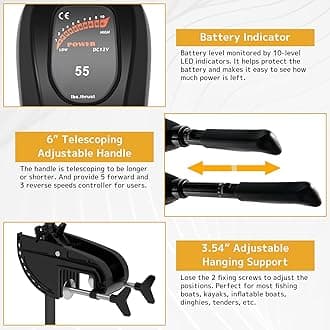 55 LBS Thrust Trolling Motor, 12V Transom Mounted Saltwater Electric Outboard Motor 8 Speed w/LED Battery Indicator and Telescoping Handle for Kayak, Inflatable Fishing Boats