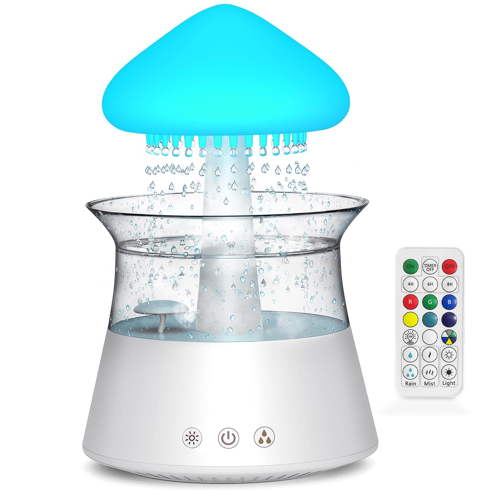 Diffuserlove Cloud Humidifier with Remote Control, Waterfall Lamp, Mushroom Design, Rain Sounds, White Noise, Air Humidifier for Bedroom & Desk
