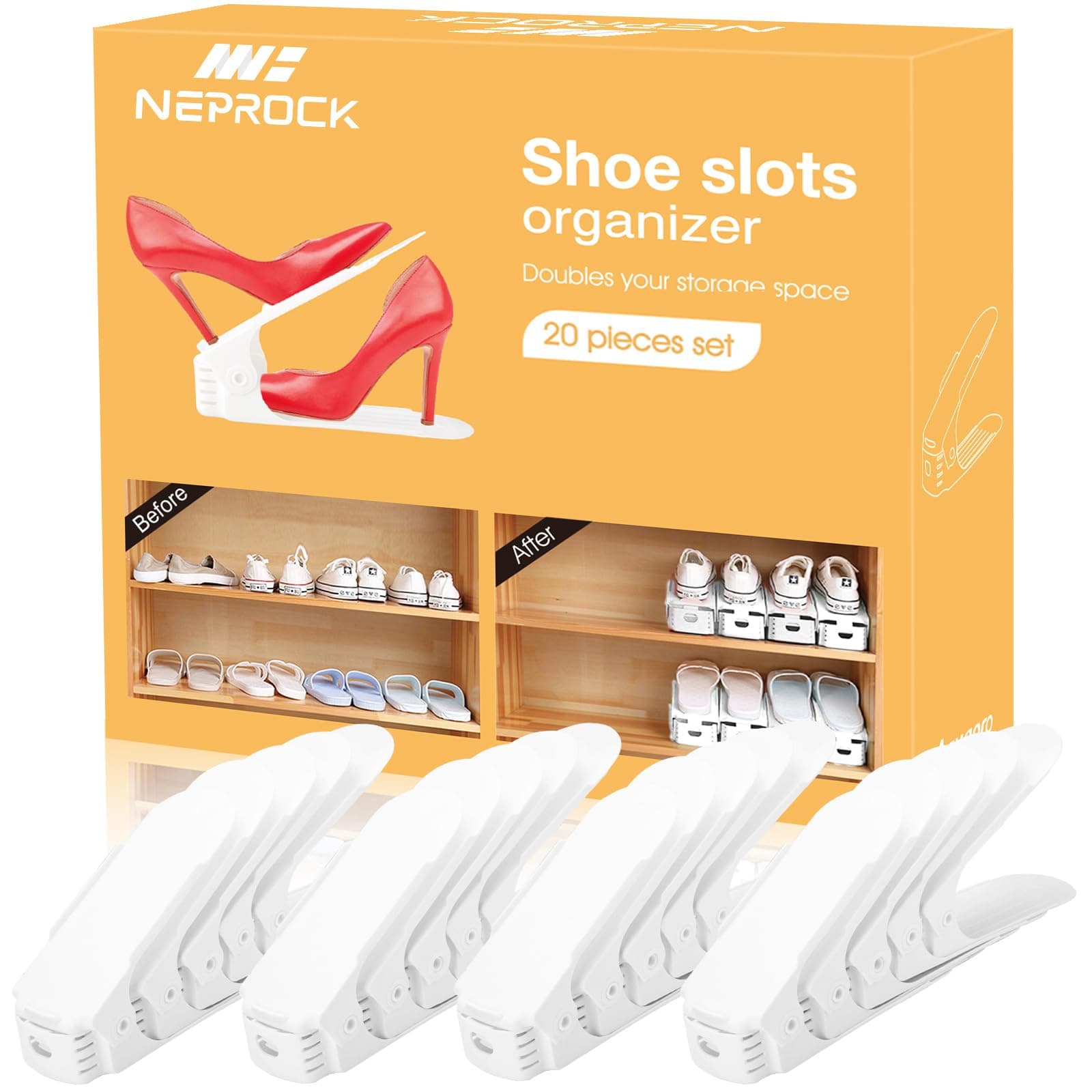 Neprock Shoe Slots Organizer, Adjustable Shoe Rack Stacker Storage Space Saver, Double Deck Shoe Rack Holder for Closet Organization (20-Pack, White)