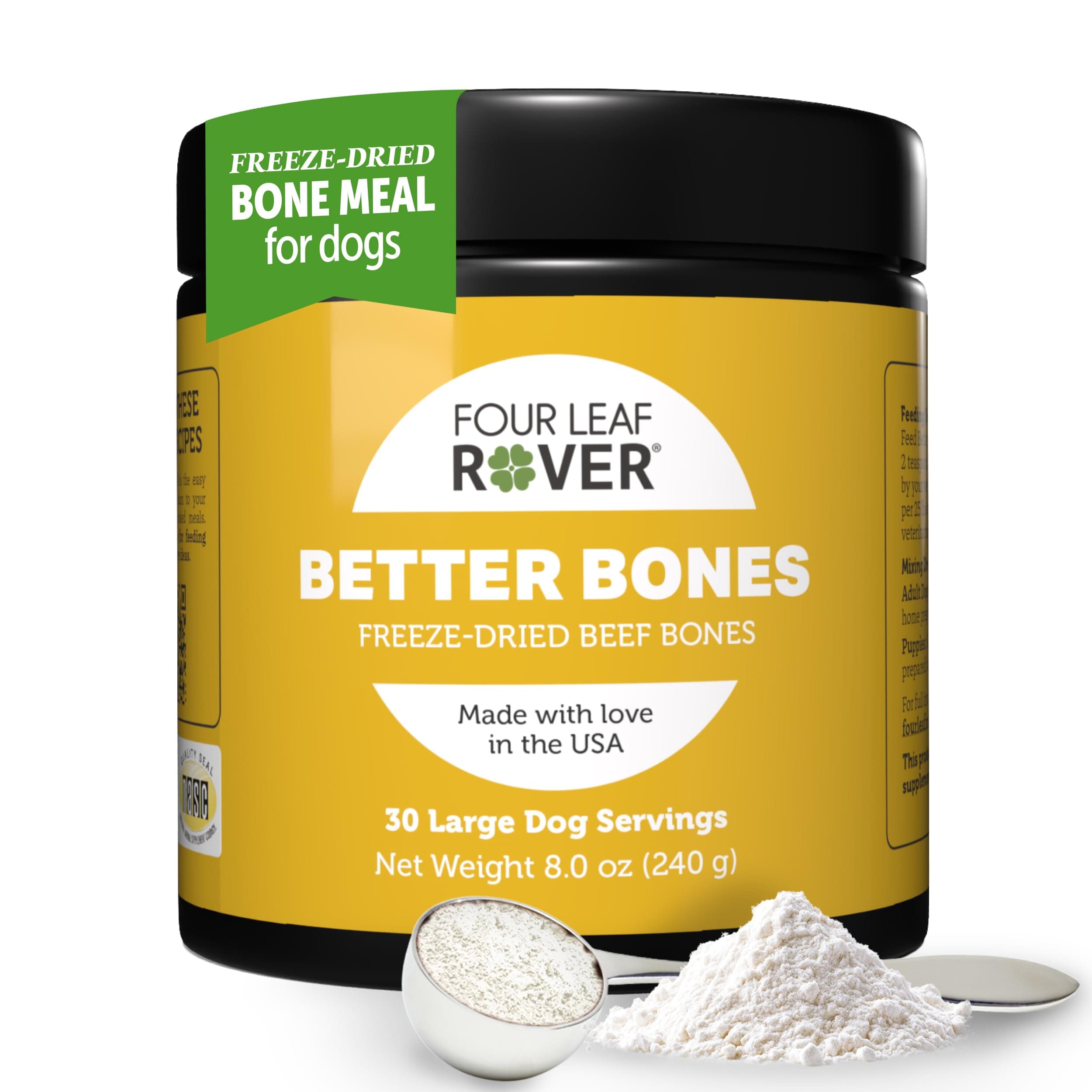 Four Leaf Rover Better Bones Bone Meal for Dogs - Dog Calcium Supplement for Healthy Joints, Teeth, & Bones - from 100% Grass-Fed New Zealand Beef Bone