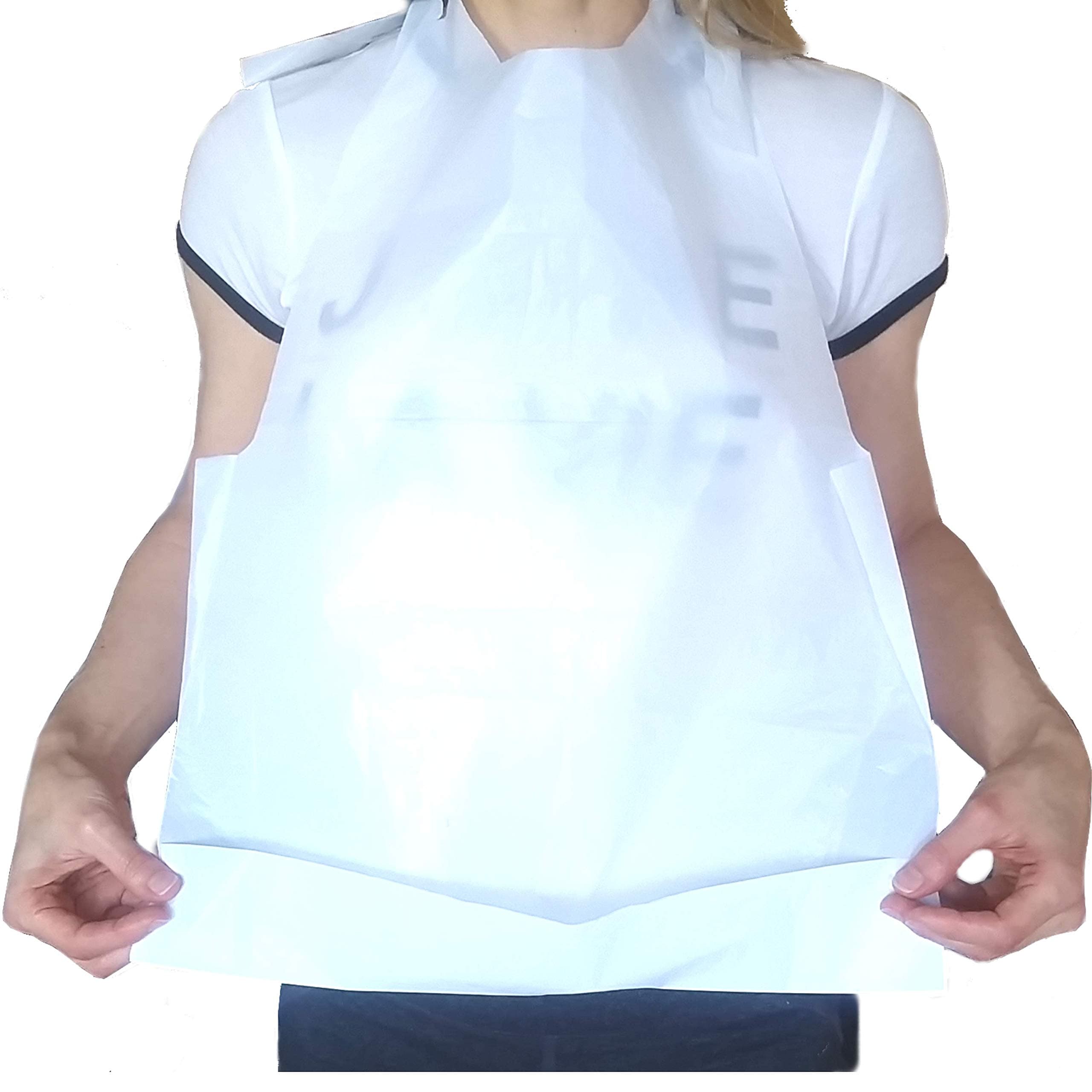 100 Pack Disposable Plastic Bib White Crumb Catcher Protect Clothes, for Crab Feasts Seafood Restaurants Crawfish Parties Special Event for Adult Kid Family Liquid Resistant Stain Protector Waterproof