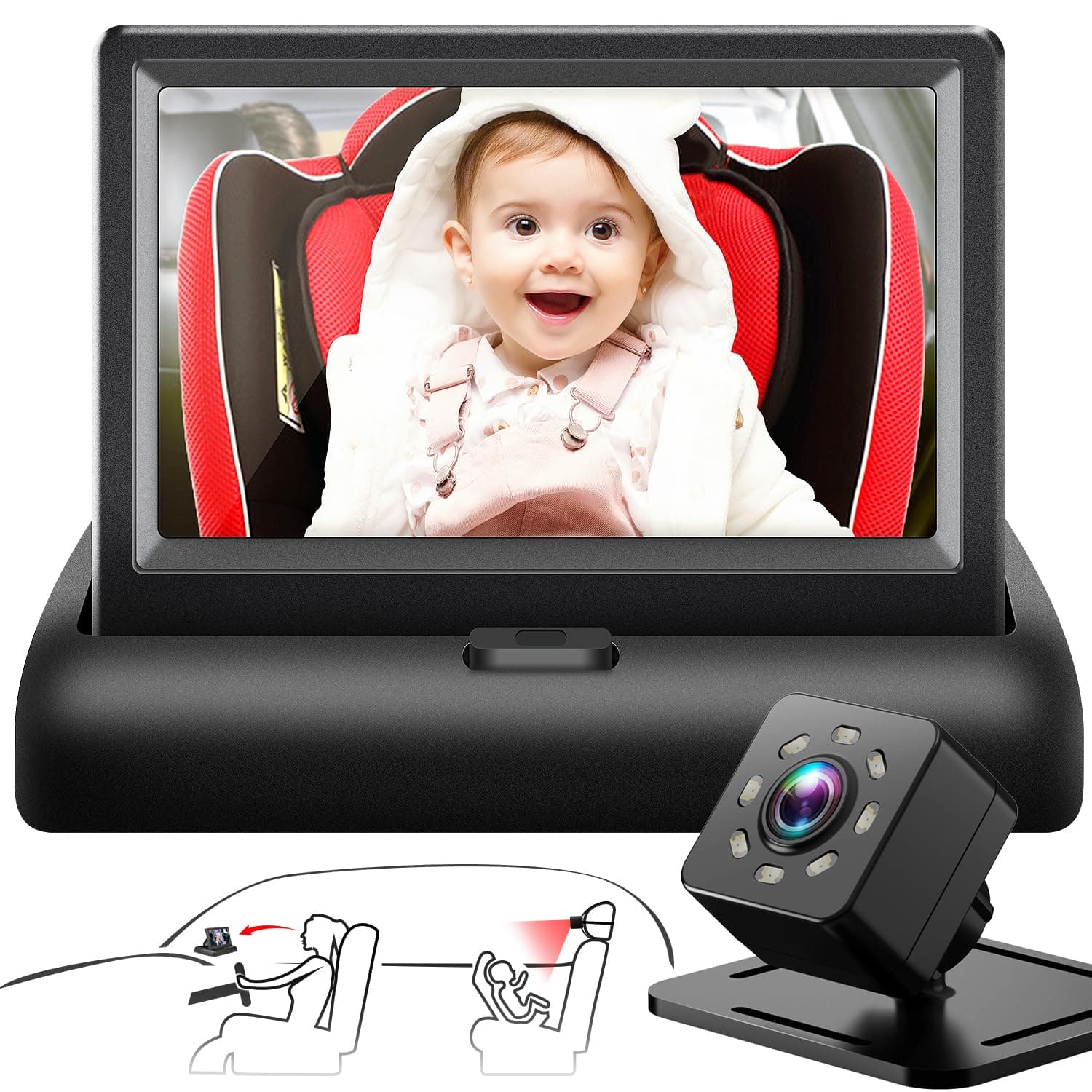 Shynerk Baby Car Mirror, 4.3'' HD Night Vision Function Display, Safety Car Seat Mirror Camera Monitored Mirror with Wide Crystal Clear View, Aimed at Baby, Easily Observe the Baby’s Move