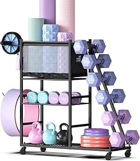 Mythinglogic Dumbbell Rack for Home Gym, Weight Rack for Dumbbells,Yoga Mat Holder for Yoga Mat and Kettlebells, Multifunctional Home Gym Storage Rack with Casters