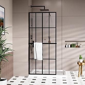 Goodyo 34" x 72" Shower Door Tempered Glass Shower Screen with Tool Bar Towel Rack for Walk in Bathroom 16-Grid Modern Design, Matte Black Finish