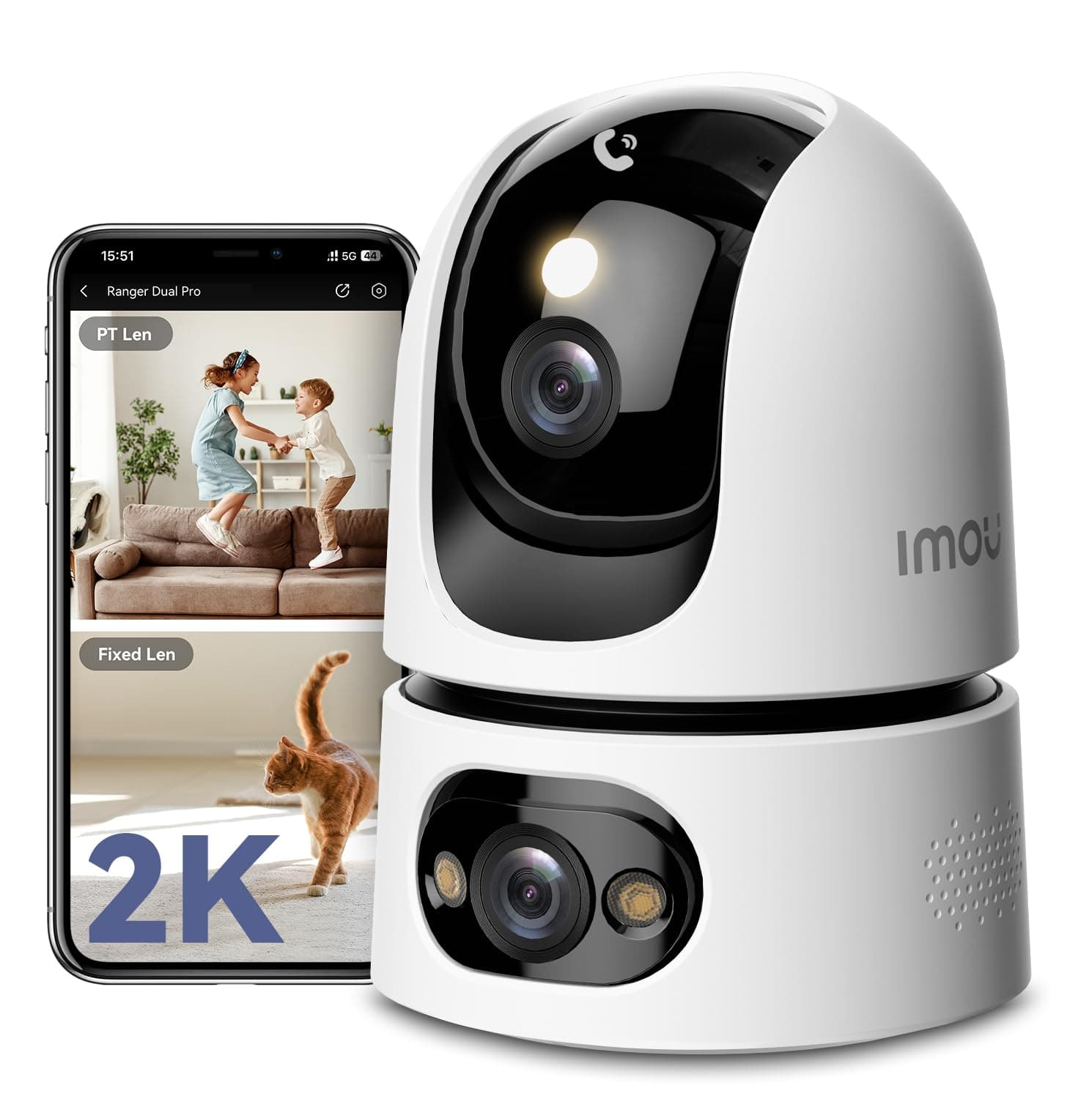 Dual-Lens 2K+2K Indoor Security Camera, House Security Camera 360°Full Coverage, Pet Baby Camera with APP, Color Night Vision, Human/Pet/Sound/Motion Detection, Siren Spotlight, 2.4/5GHz Wifi