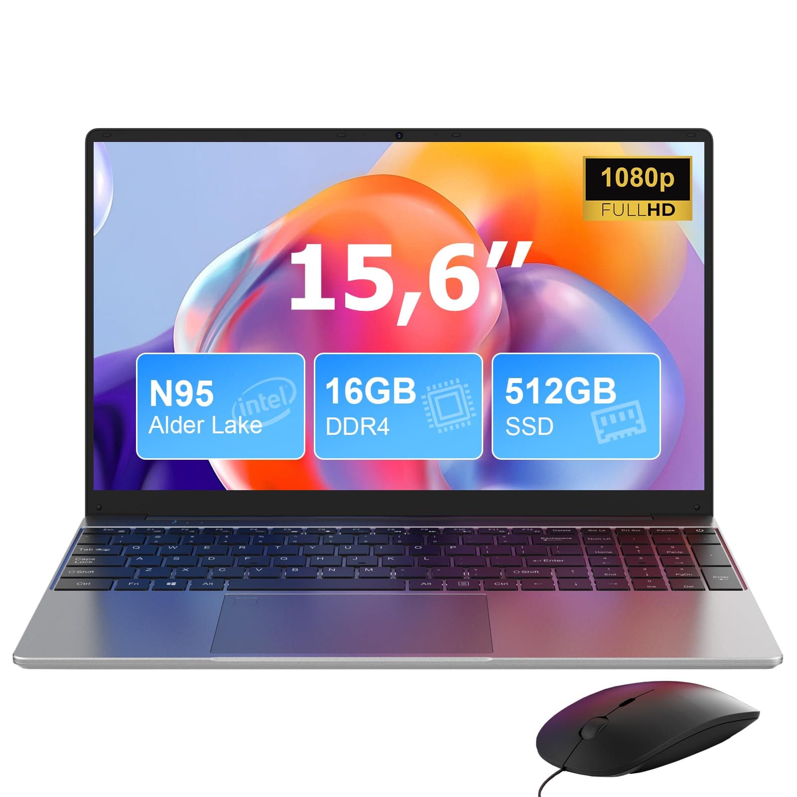 15.6 Inch Laptop, Quad-Core N95 Processor Up to 3.4GHz (Beat N5095), 16GB DDR4 512GB SSD Win 11 Notebook Computers, 1080P FHD Laptops Computer, WiFi 5G, Type-C, USB 3.0, with Keyboard Film UK/Mouse