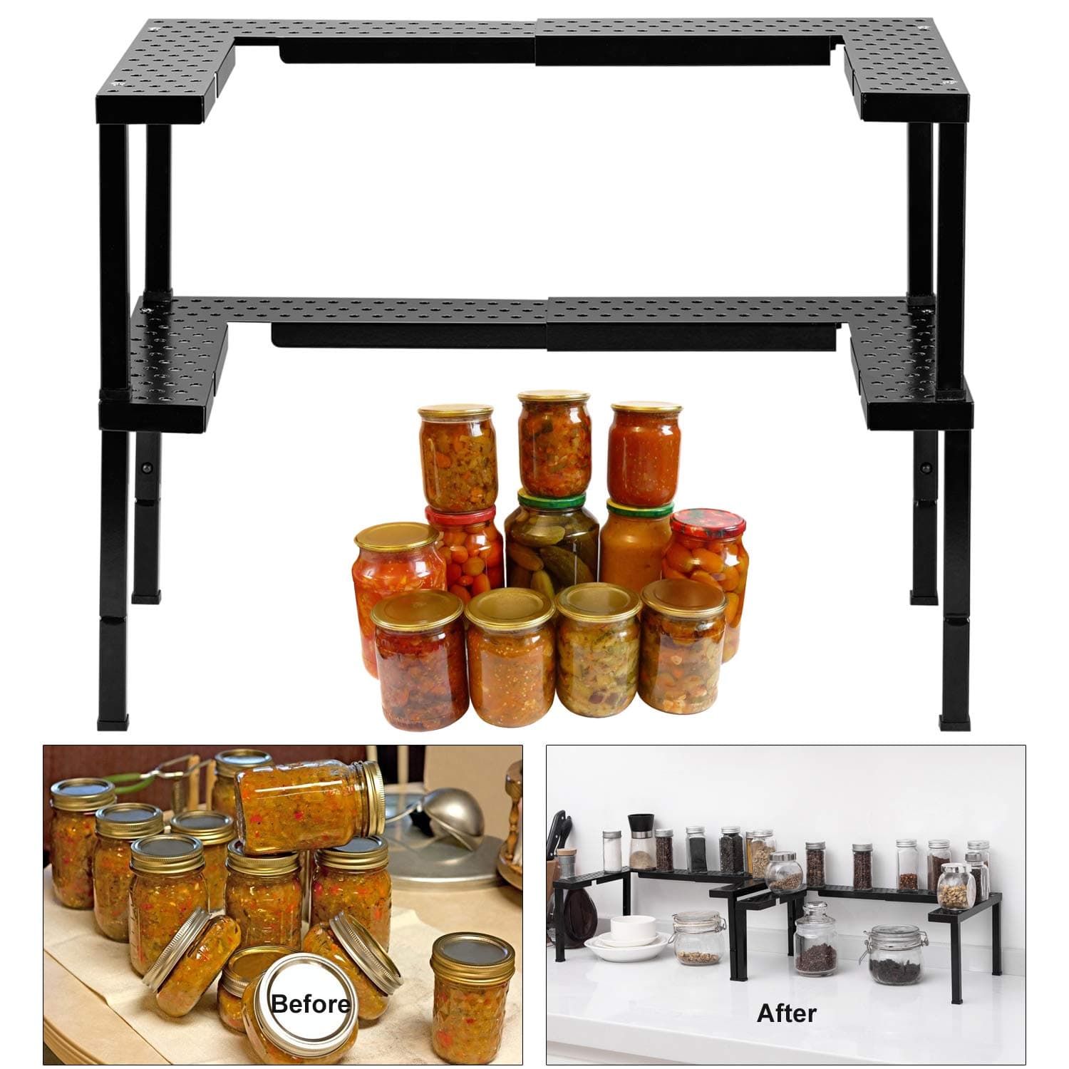 Expandable and Stackable Spice Rack Organizer for Cabinet & Pantry, Nandae 2 Tier Adjustable Height Spicy Shelf, Stable Priumum Iron (Black)