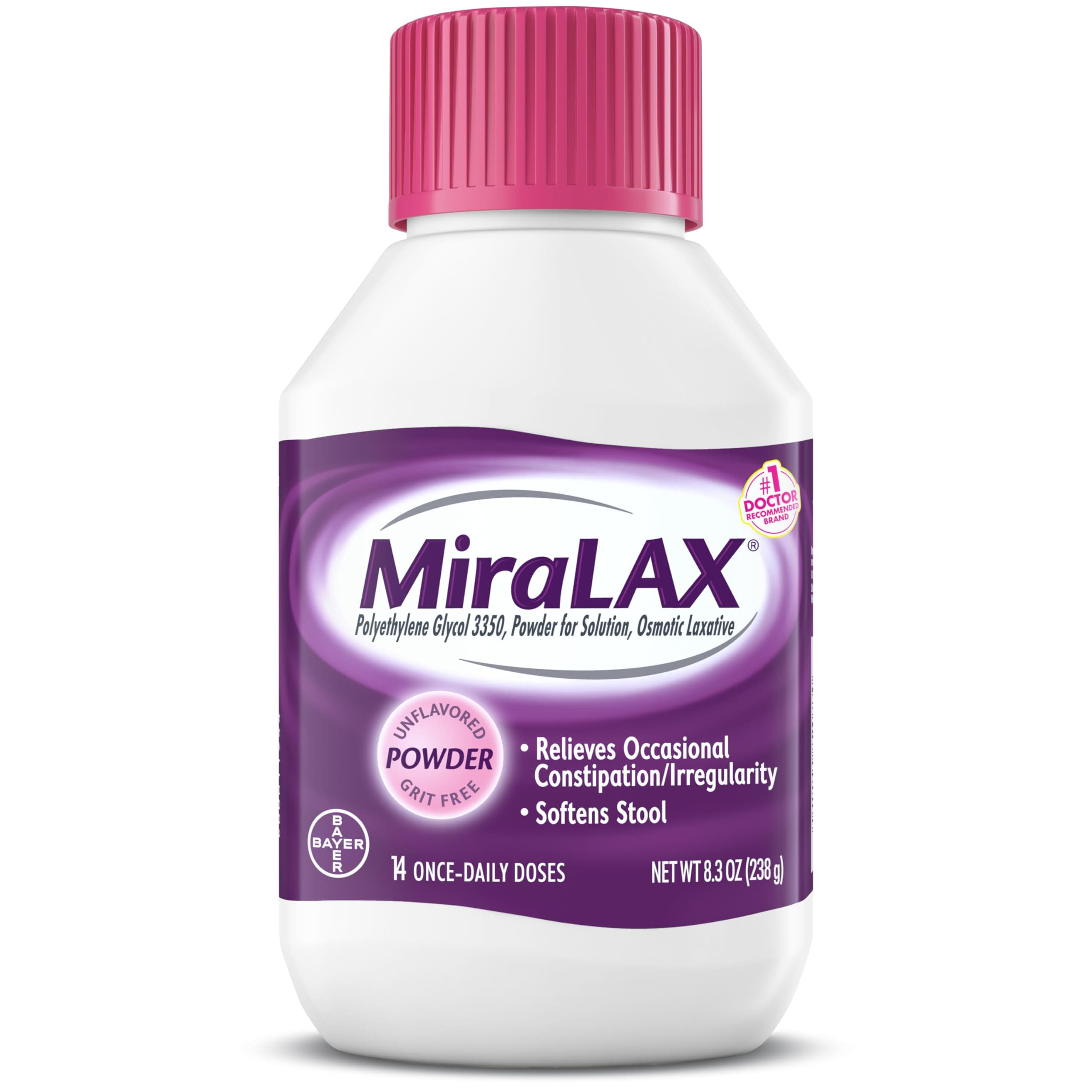 MiraLAX Gentle Constipation Relief Laxative Powder, Stool Softener with PEG 3350, Works Naturally with Water in Your Body, No Harsh Side Effects, Osmotic Laxative, 1 Physician Recommended, 14 Dose