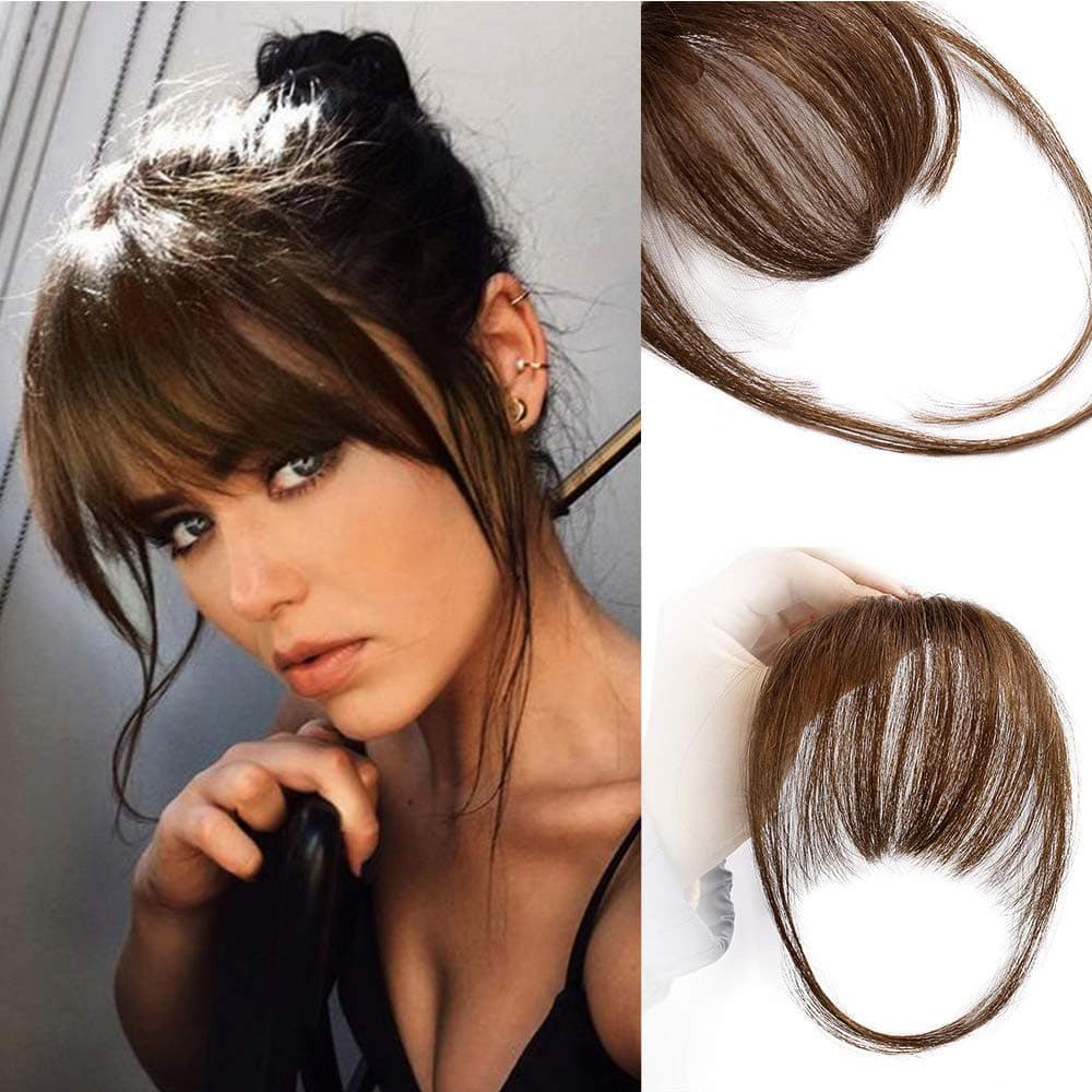 Air Bangs Medium Brown Natural Flat Bangs Real Human Hair One Piece Clip in Fringe Hair Extensions for Women