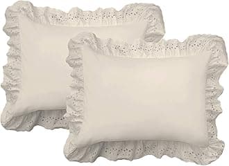 FRESH IDEAS Ruffled Bed Pillow Embroidered Detail Eyelet Shams Set, 2-Pack, Standard, Ivory