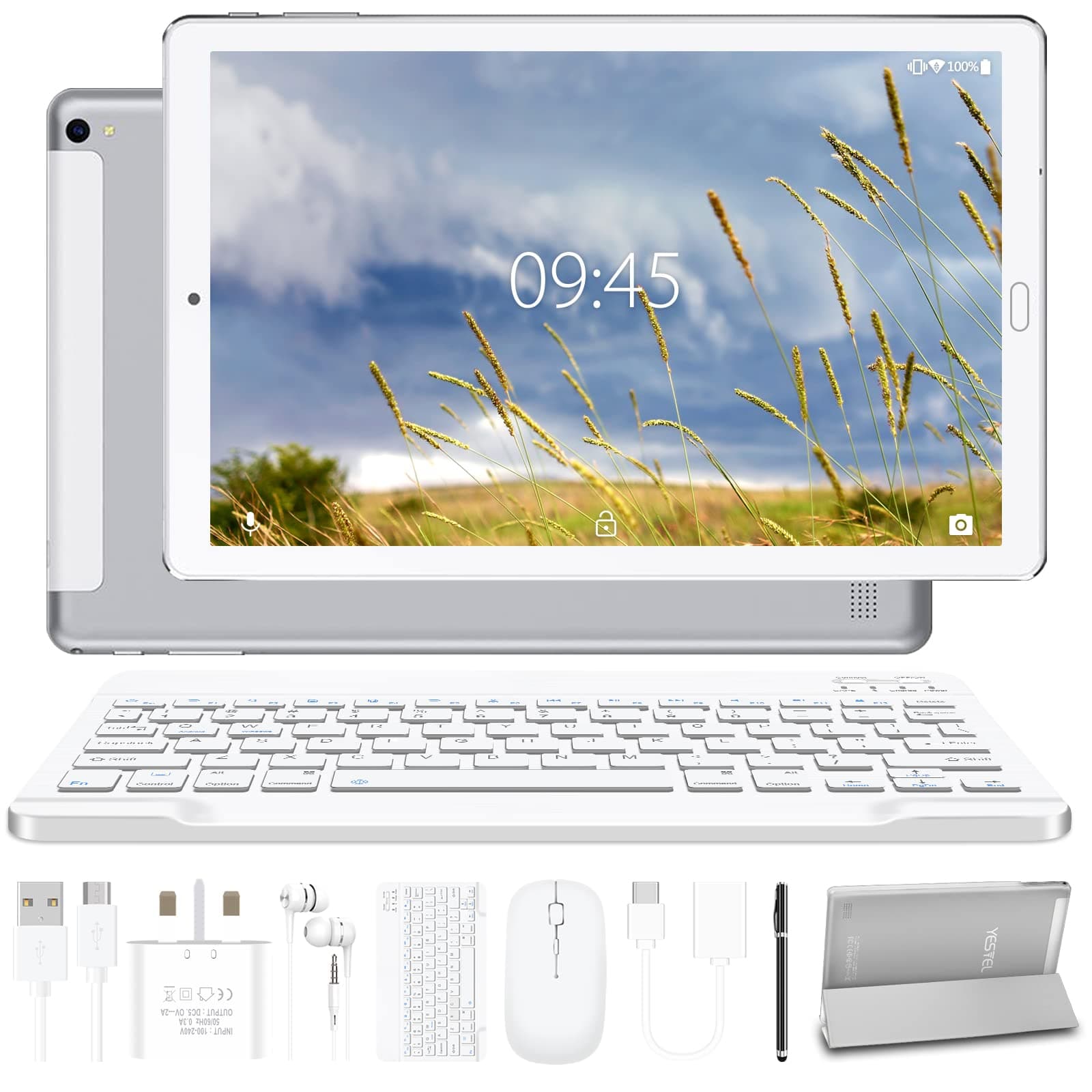 YESTEL Tablet 10 Inch Android 11 X2 Tablet with 4GB RAM + 64GB ROM, 256GB Expansion, Dual Cameras, WiFi, Bluetooth, 8000mAH, Octa-Core Processor 1.6GHz, Tablets with Keyboard and Mouse, silver