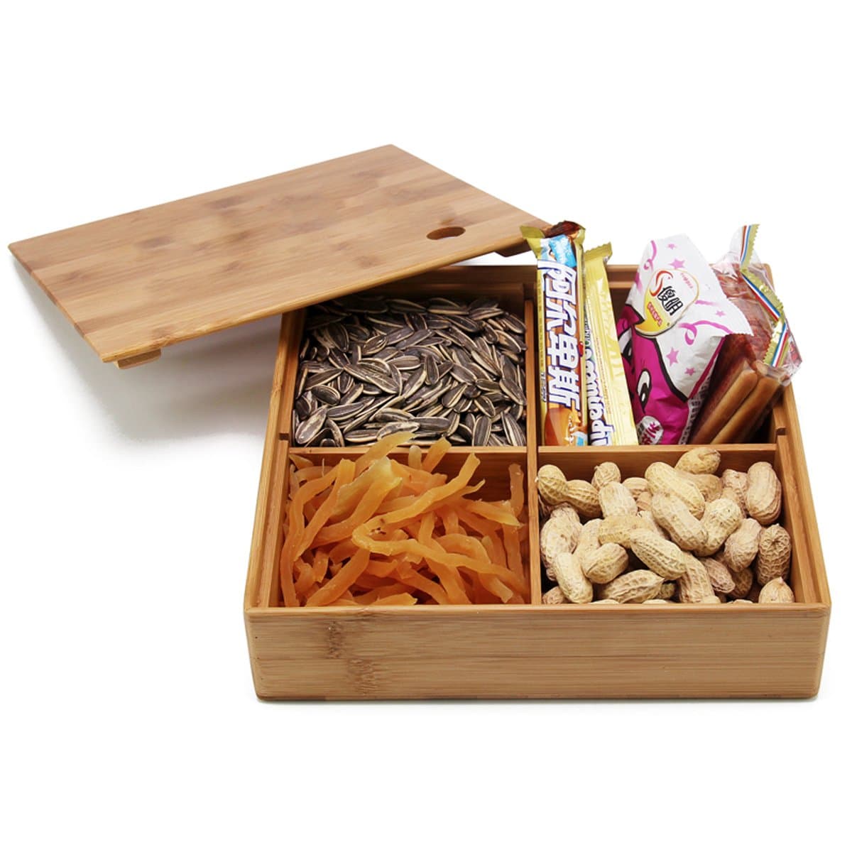 Hyacinthus Natural Bamboo Storage Box with Dividers Creative Multi Use as Snack Organizer Pantry Fruits Basket Serving Tray Mass Accessories Safekeeper and Tea Bag Container Brown