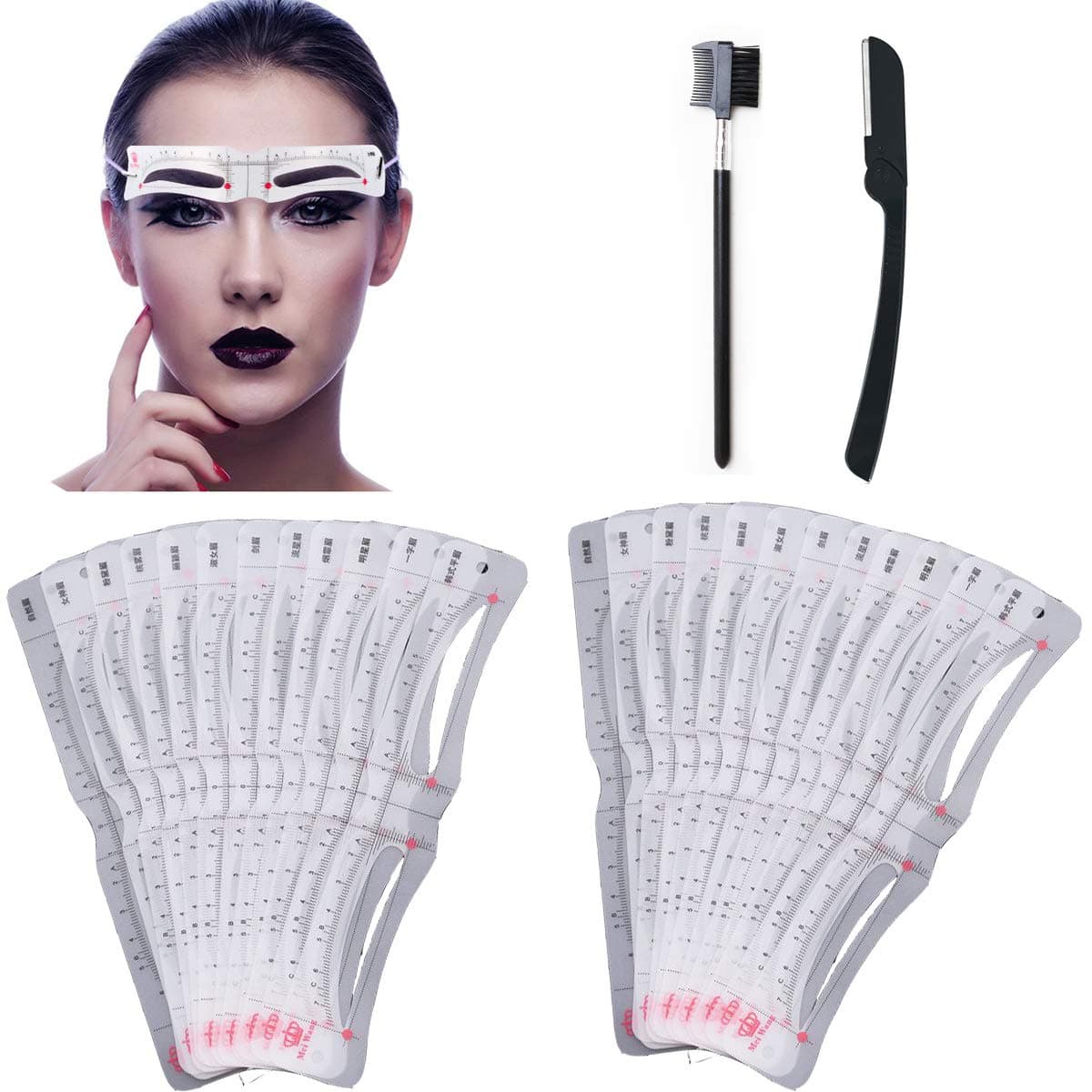 Eyebrow Stencil, 26 PCS Eyebrow ruler Set, Reusable Eyebrow Template With Strap, Eyebrow Assistant Tool Set,including 24 PCS Eyebrow Shaping Template, Eyebrow Razor,Eyebrow Brush