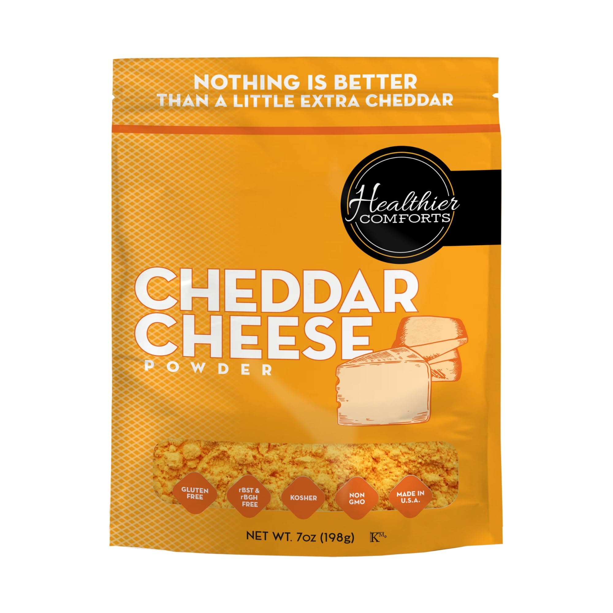 Healthier Comforts Cheddar Cheese Powder (7 oz) | Premium Yellow Cheddar | Batch Tested Gluten Free, Kosher, No Artificial Dyes | Cheesy Goodness for Popcorn, Pasta, Fries, Mac and Cheese | Shelf Stable Seasoning (7 oz)