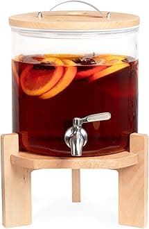 Drink Dispenser with Tap - 5L Glass Drink Dispenser with Lid and Wooden Stand - Water Fountain Cocktail Juice Alcohol