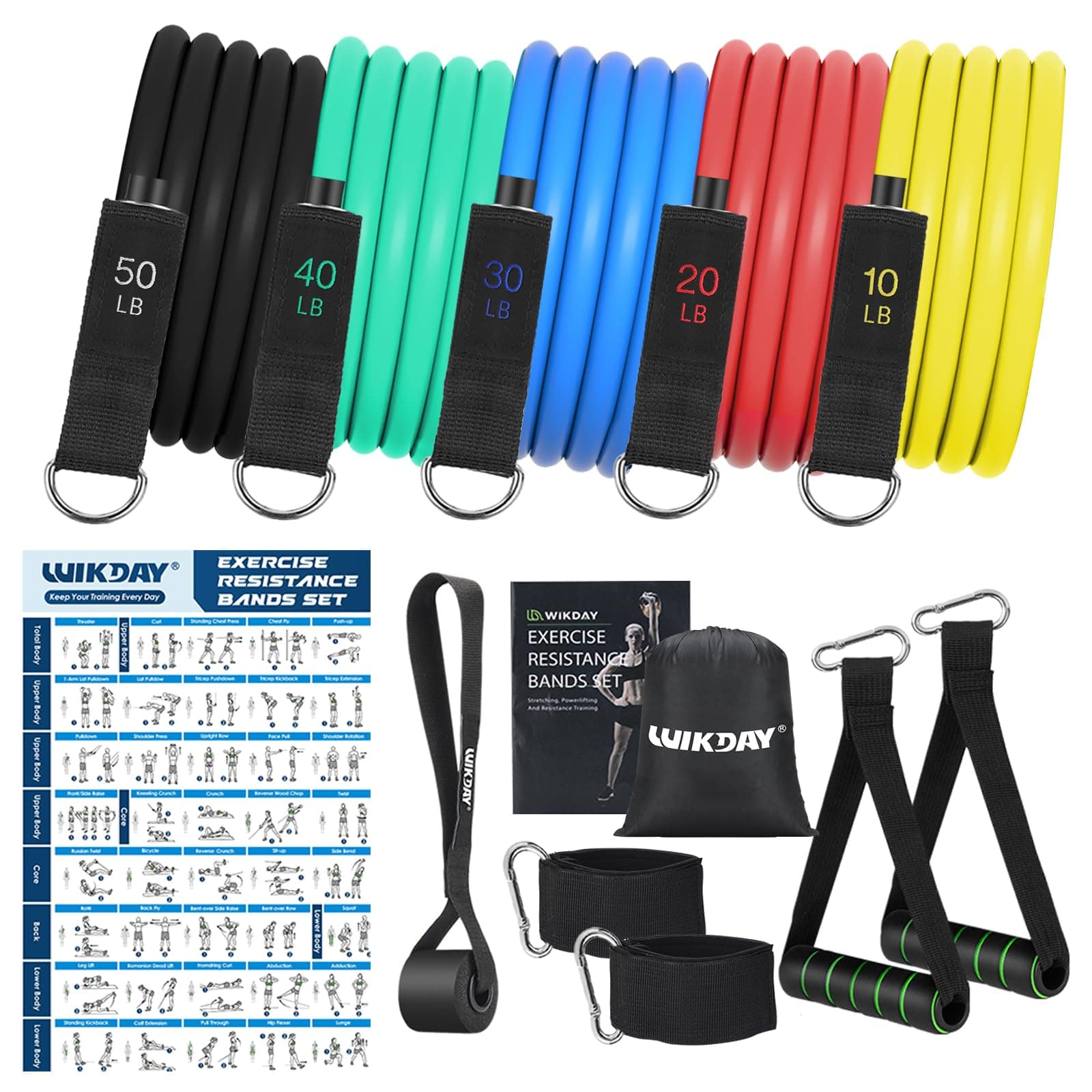 WIKDAY Resistance Bands for Working Out Exercise Bands Workout Bands Set with Handles, Door Anchor, Ankle Straps for Men & Women Body Stretching, Crossfit Training Equipment, Home Workouts