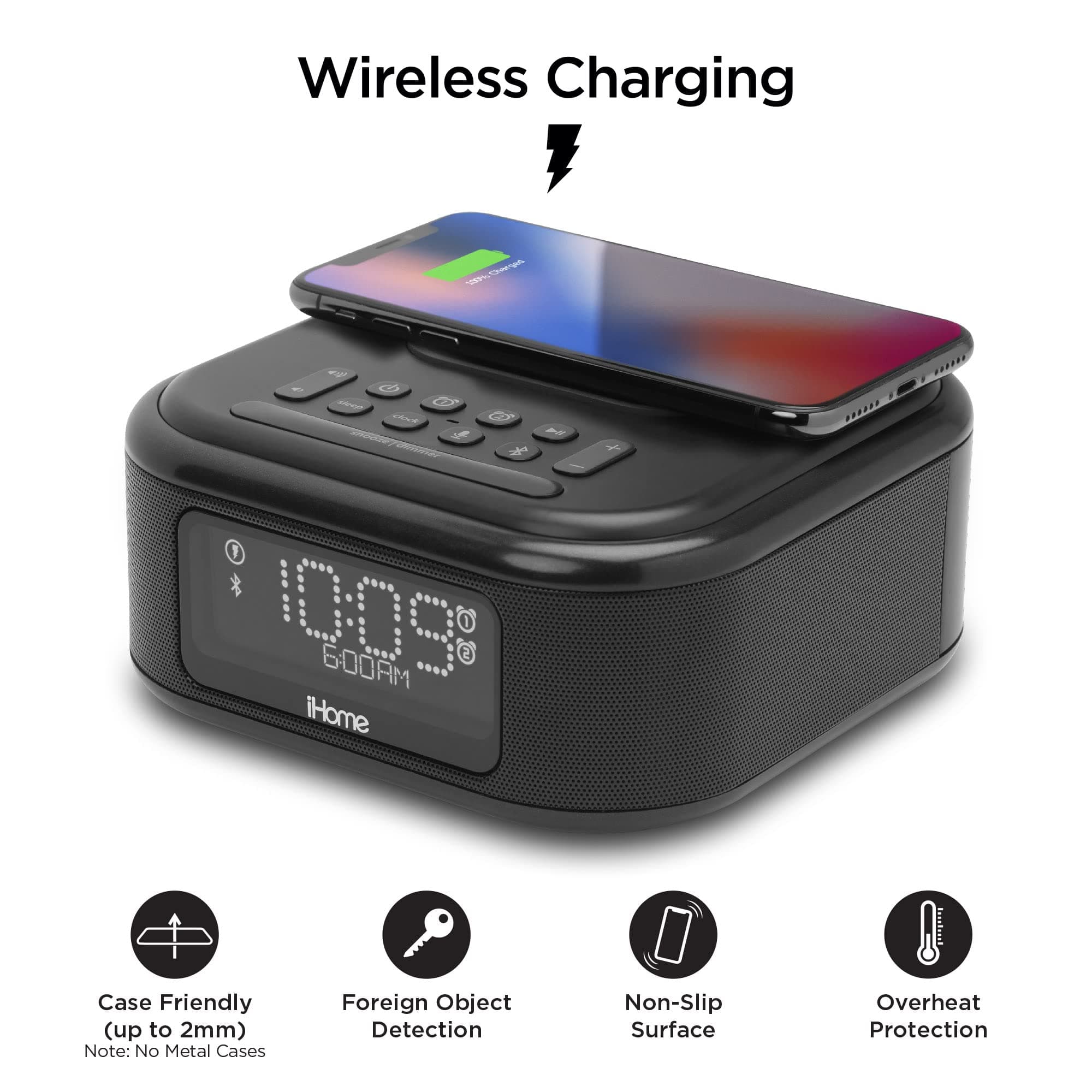 iHome iBTW23 Wireless Charging Bluetooth Alarm Clock with Speakerphone & USB Charging Port For iPhone X 8/8Plus & More (Black)