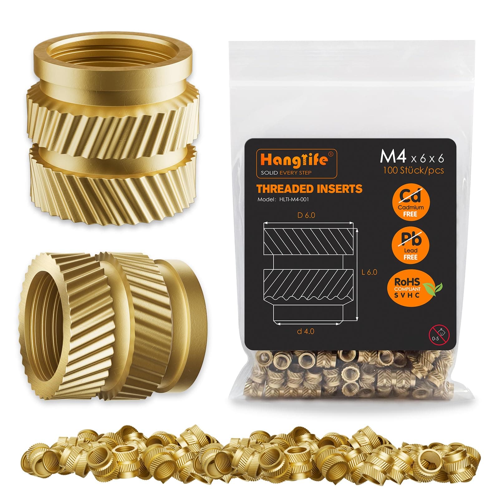 HANGLIFE Heat-Set Threaded Inserts, M4 Heat Set Insert for 3D Printing Components and Plastic Parts - Brass Metric Knurled Nuts (100 Pieces)