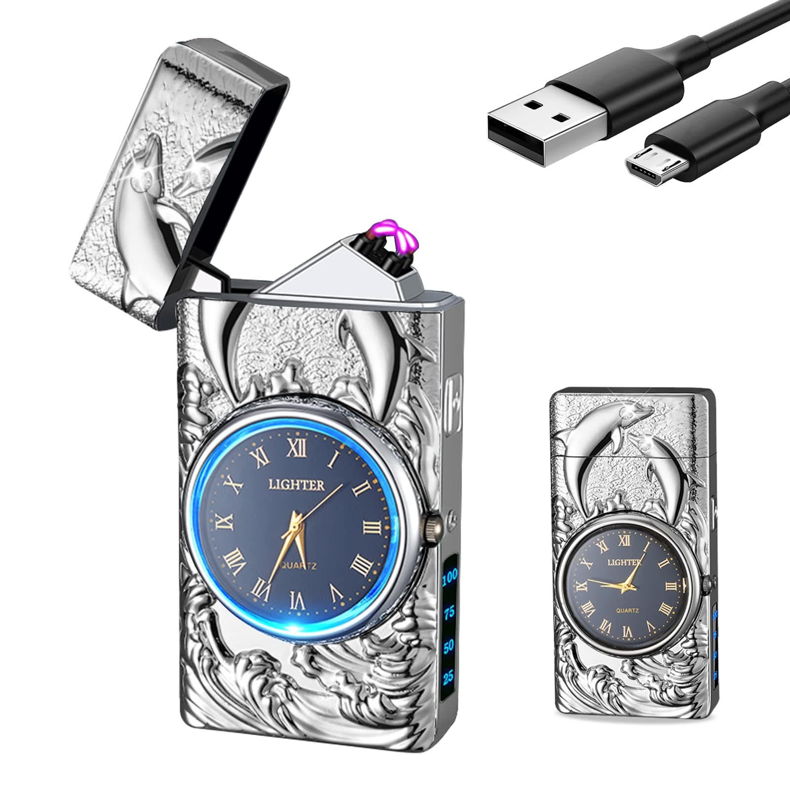 YOZWOO Electric Lighter 3-in-1 with Blue Dolphin Design & Quartz Clock | USB C Rechargeable Windproof Plasma Lighter with Flashlight | Unique Gifts for Men, Women, Teens (Dolphin Silver)