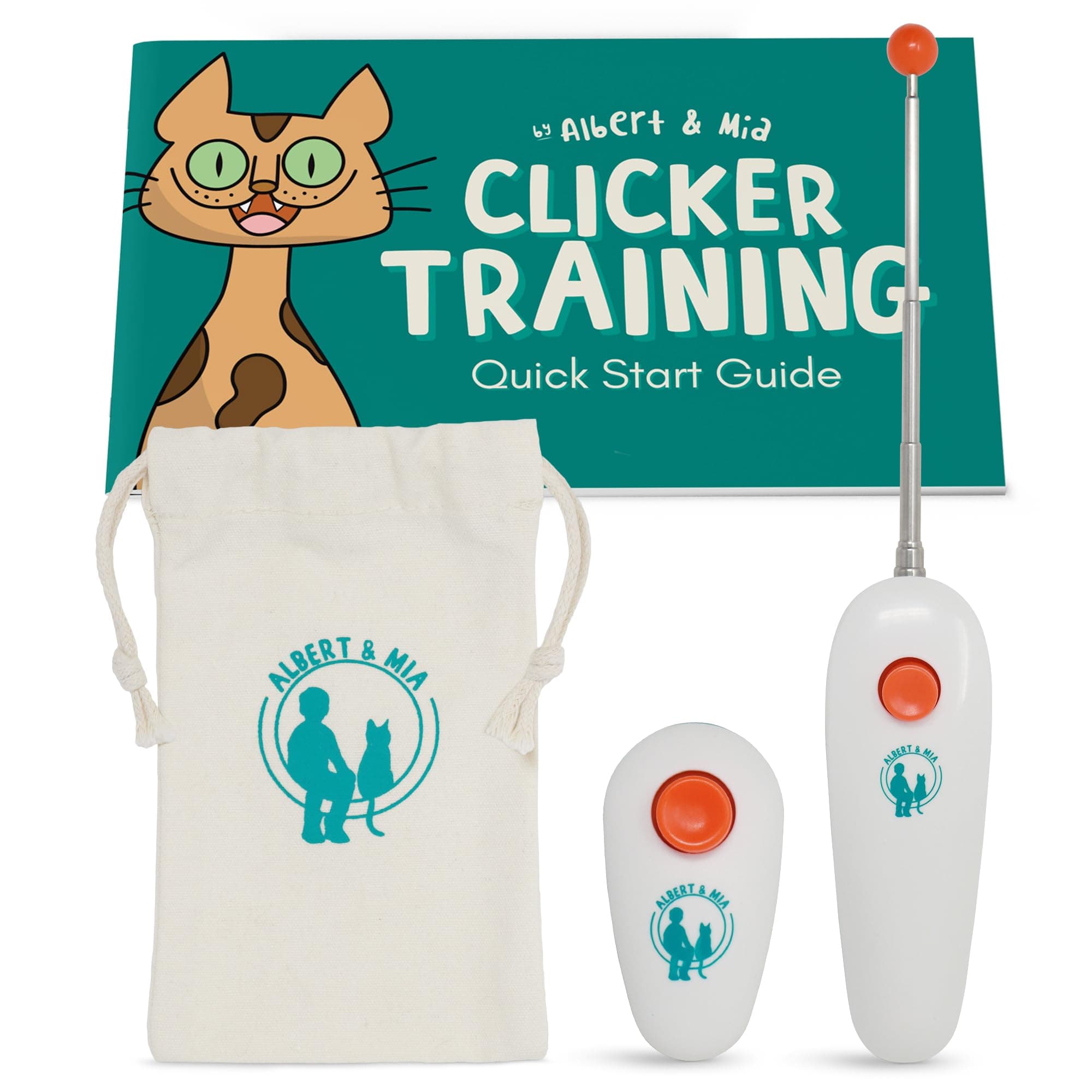 Cat Training Kit (4 Pieces) - Quiet Clicker + Target Stick Clicker + Treats Pouch + Cat Clicker Trainer Start Guide (Beginner to Expert Pet Trainer) - Kitten & Dog Training Clicker Kit