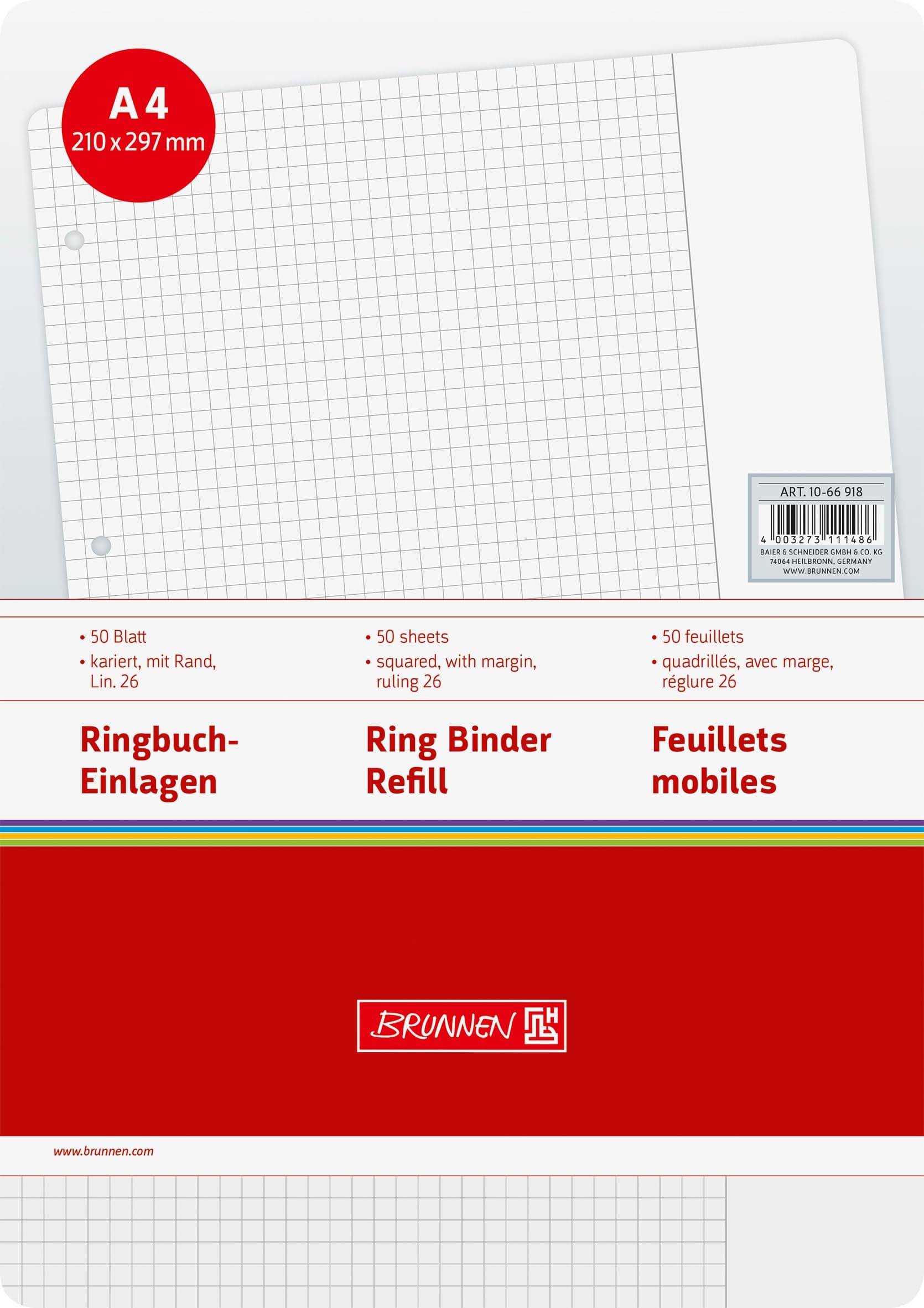 Brunnen 1066918 Ring Binder Insert Pad A4 Squared with Margin Ruled 26, 50 Sheets 70 GSM