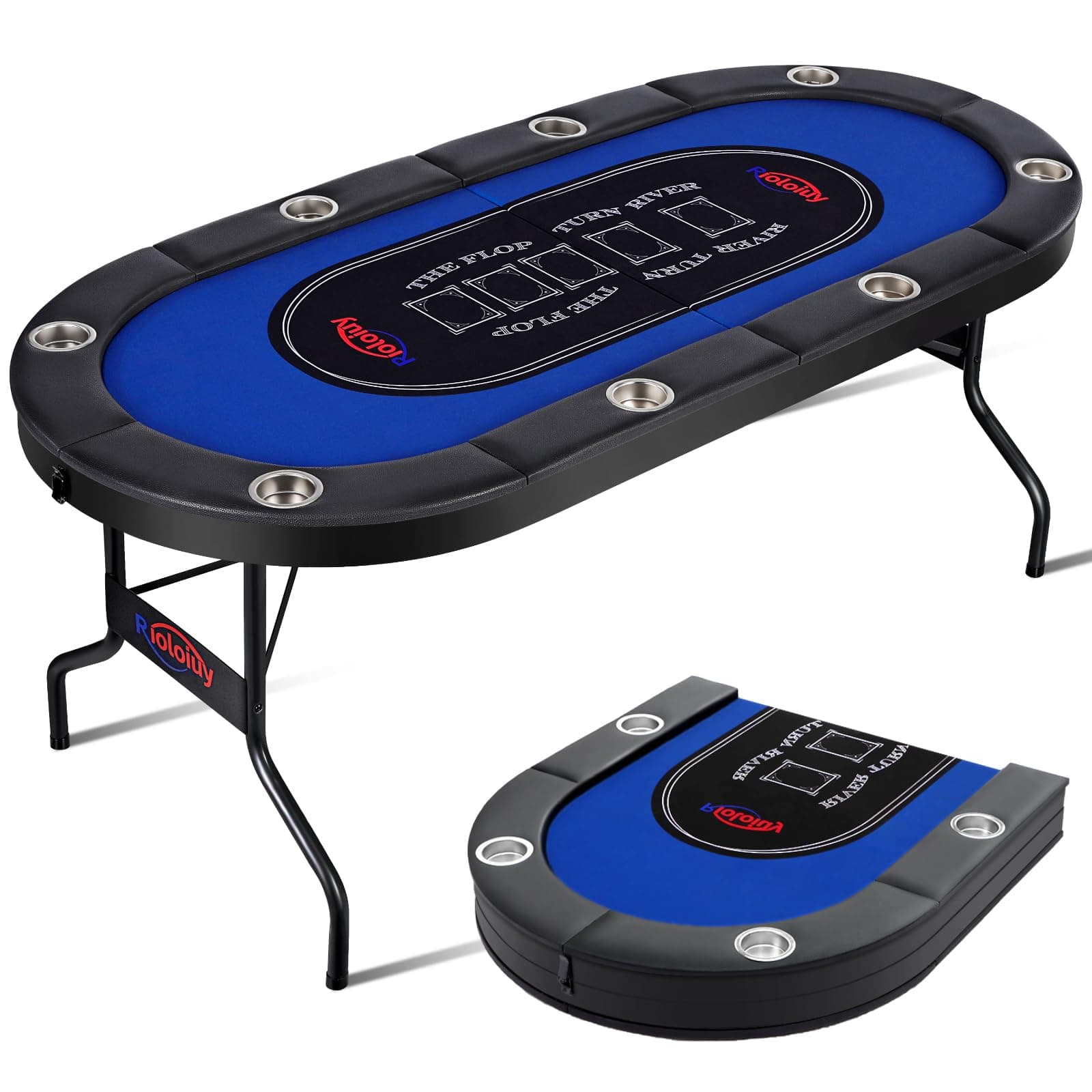 Rioloiuy 8 Player Poker Table Foldable, Texas Holdem Casino Table with Padded Rails & Cup Holders, Portable Folding Game Table for Home or Game Room, 71 Inch