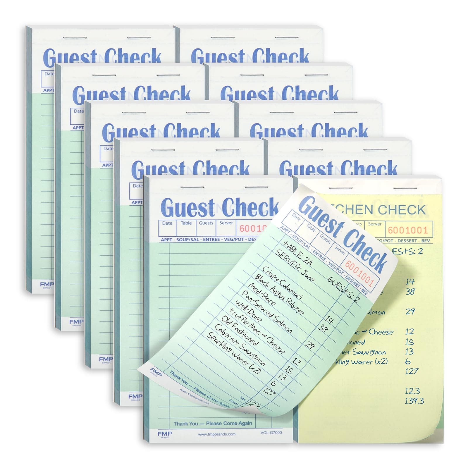 FMP Brands Double Part Guest Check for Servers, Server Note Pads 500 Sheets (10 Pads), Server Books for Waitress with Carbon Copies, Guest Check 2 Part Carbonless, Receipt Book with Carbon Copies