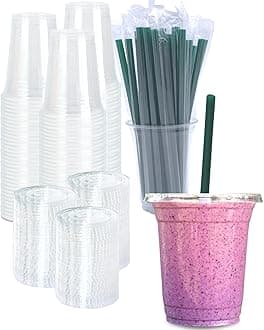 12 oz clear plastic cups with lids & straws