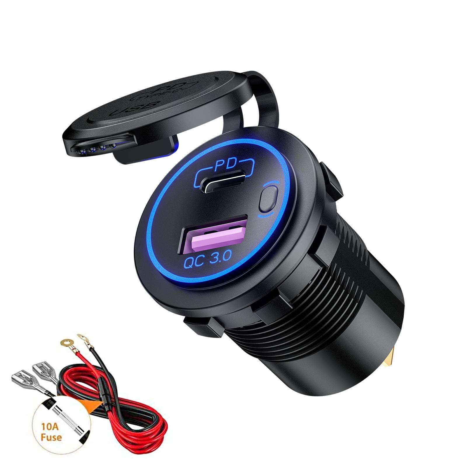 ThlevelUSB/QC3.0 and PD/Type-C Car Charger Socket with LED and Waterproof Switch for 12V/24V Cars Boats Motorcycle (Blue)