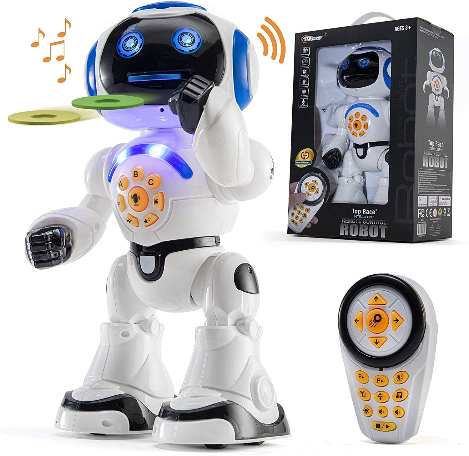 Top Race Remote Control Robot Toy - Interactive, Smart, Walking, Talking and Dancing Robot that Sings, Reads Stories, Math Quiz, Shoots Discs and Mimicking Voice