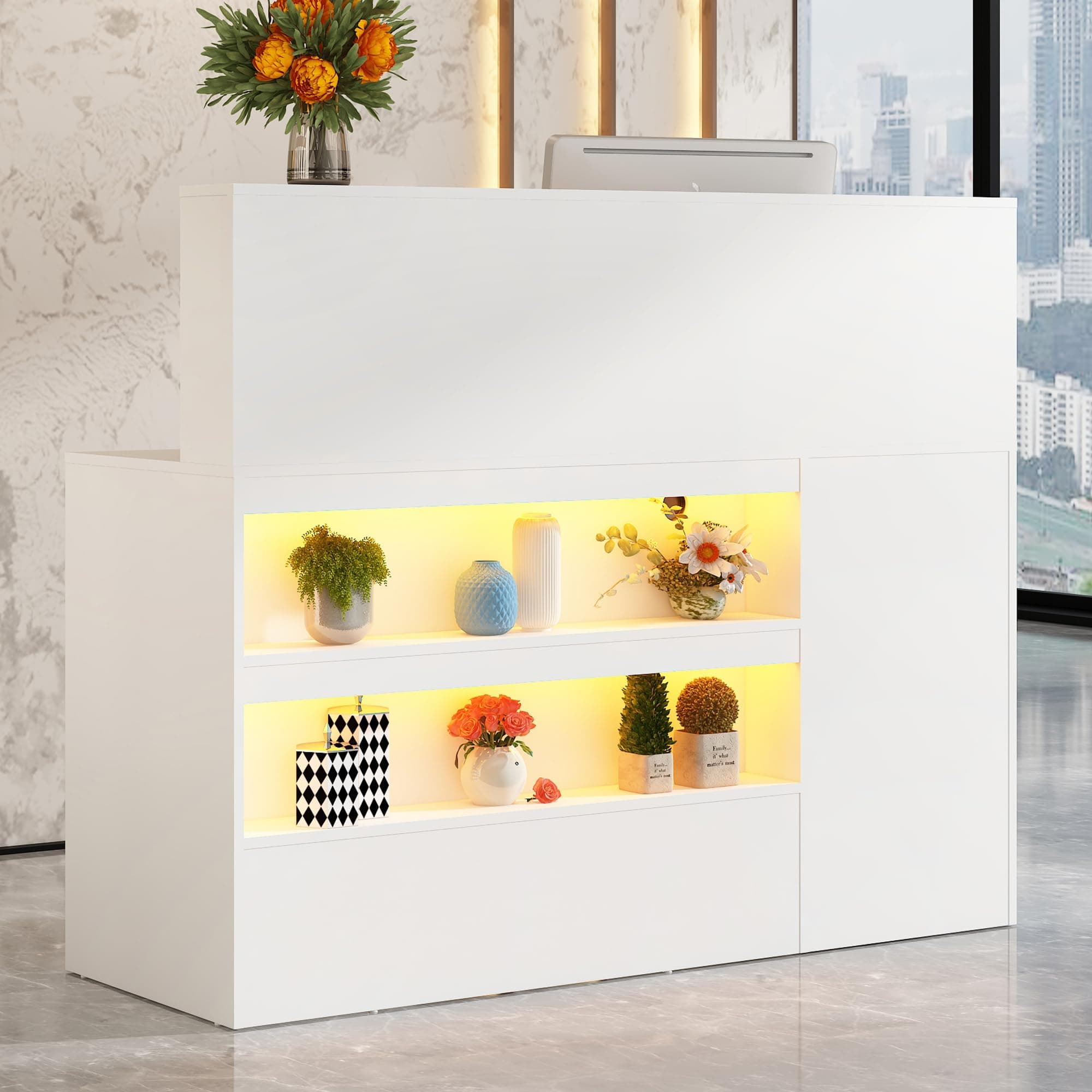 55" Reception Desk with LED Lights Power Outlets,L-Shaped Modern Front Table Reception Room Table with Cable Grommet,Lockable Drawers,Retail Checkout Counter for Lobby,Salon,Home Office Desk,White