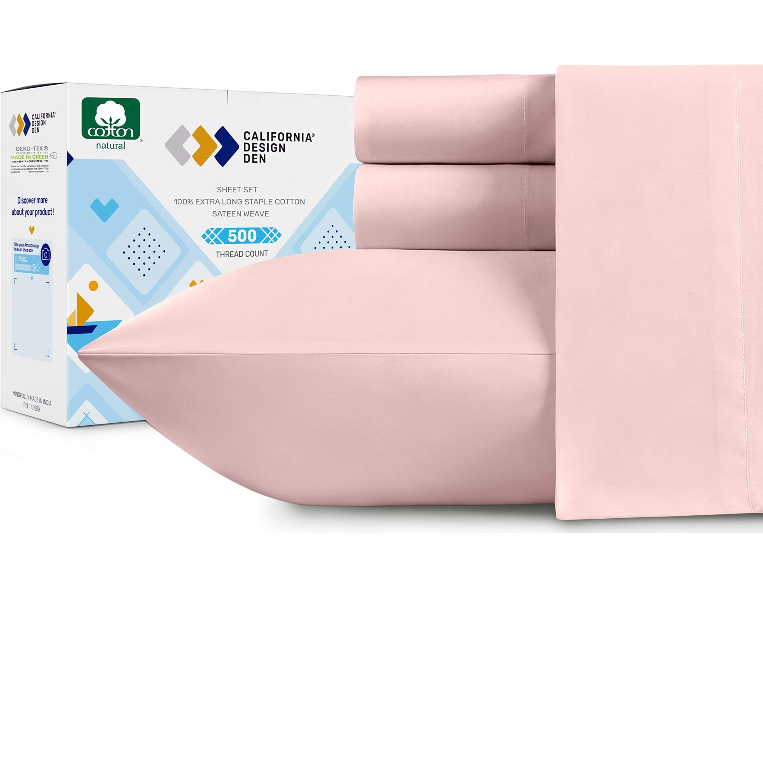 California Design Den - Finest Bed Sheets Full Size Set Soft 100% Cotton Cooling Sheets Deep Pockets Snug Fit Elastic, 500 Thread Count, 4-Pc Set, Best Hotel Quality Bed Sheets (Solid - Blush Pink)