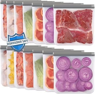 Lerine 14 Pack Reusable Gallon Freezer Bags Dishwasher Safe, BPA Free Reusable Freezer Bags 1 Gallon, Leakproof Food Storage Bags for Meal Prep, Fridge Kitchen Organization (Gray, 14Gallon)