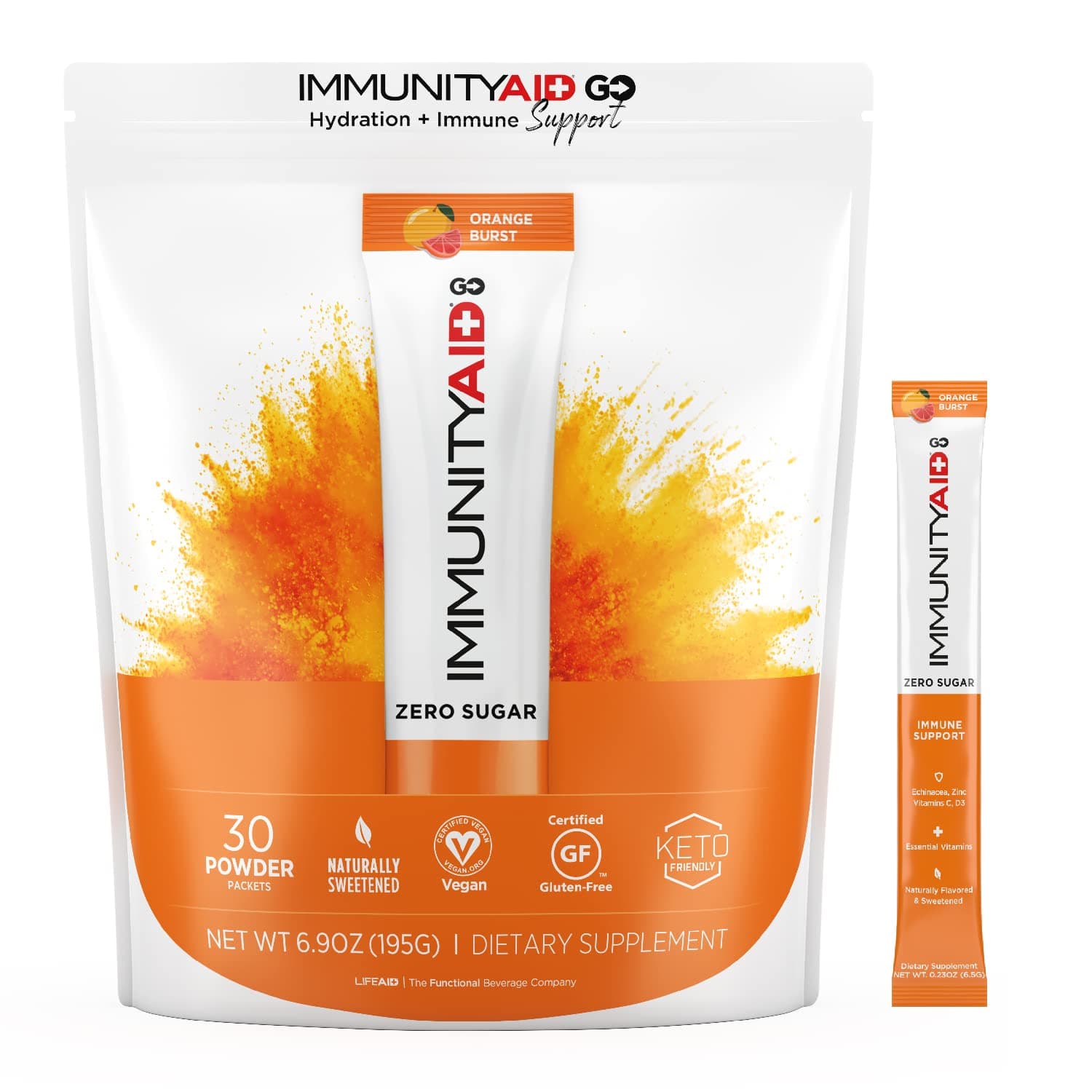 Immunity AID GO! Zero Sugar Immunity + Hydration Packet, Vitamin C, Echinacea, Zinc, Astragalus Root, Vegan & Gluten-Free, Naturally Sweetened, No Caffeine, 30 Count (Pack of 1)