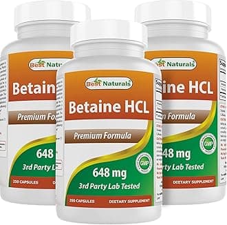 Best Naturals Betaine HCL 648 mg 250 Capsules (250 Count (Pack of 3))