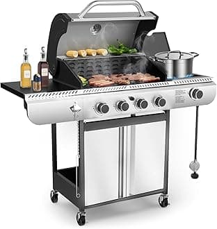 G41 Gas Grill,4-Burner Gas BBQ Grill with Side Burner, Porcelain-Enameled Grills, 42,000 BTU Stainless Steel Propane Grill for Outdoor Cooking and Patio Barbecues
