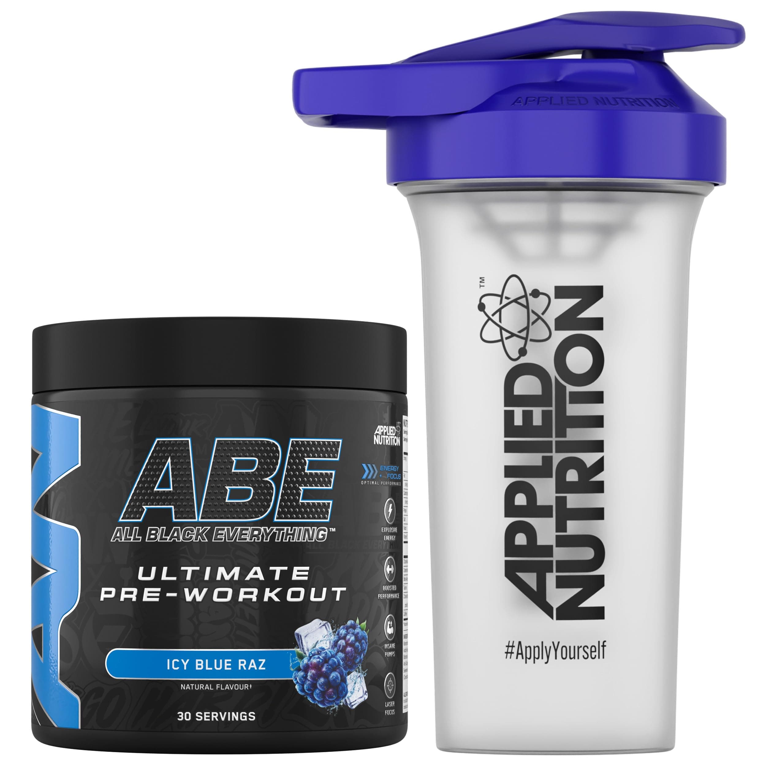Applied Nutrition Bundle ABE Pre Workout 315g + 700ml Protein Shaker | All Black Everything Preworkout Boosts Energy & Performance with Citrulline, Creatine, Beta Alanine (ICY Blue Raz)