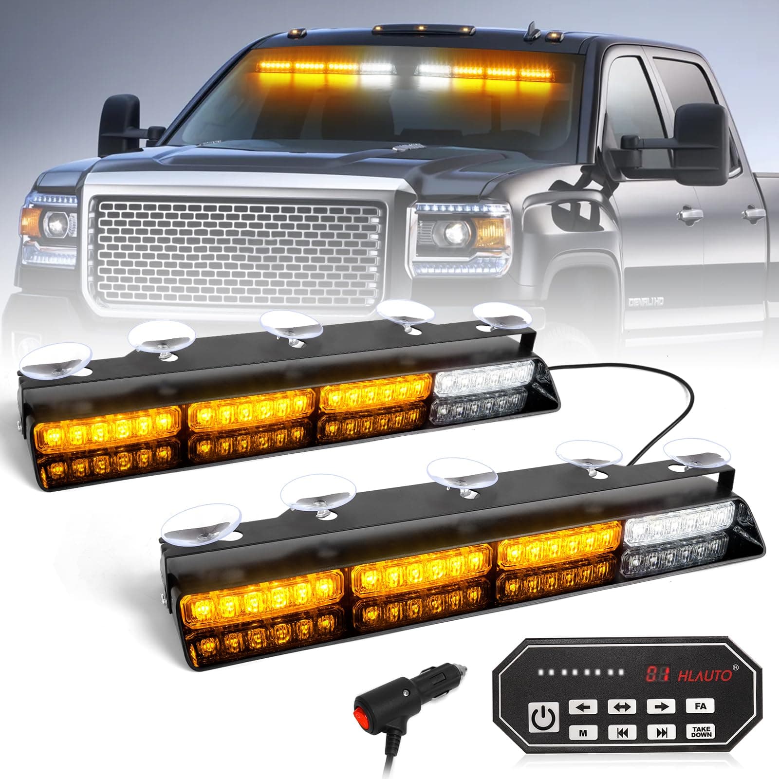 HLauto604N Emergency Dash Strobe Lights w/Controller: 2x16.8 inch Amber Security Light w/Take Down, 48 LED Safety Flashing Warning Hazard Interior Windshield Visor Light Bar for Trucks Vehicles