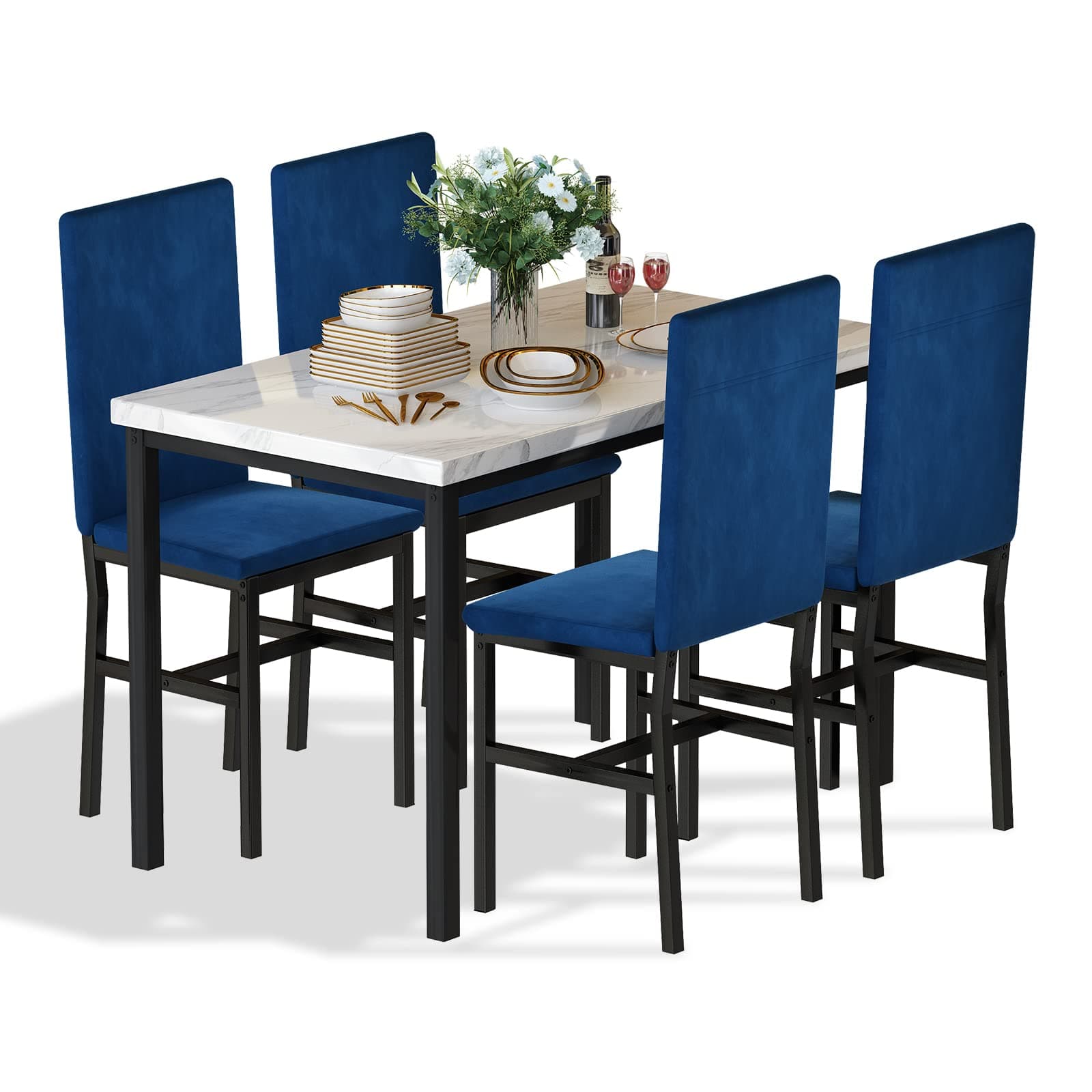 Hooseng Dining Table Set for 4- Space Saving Kitchen Table and Chairs for 4, Modern Style Faux Marble Tabletop & 4 Blue Velvet Chairs for Dining Room, Kitchen, Breakfast Corner Small Spaces, Blue