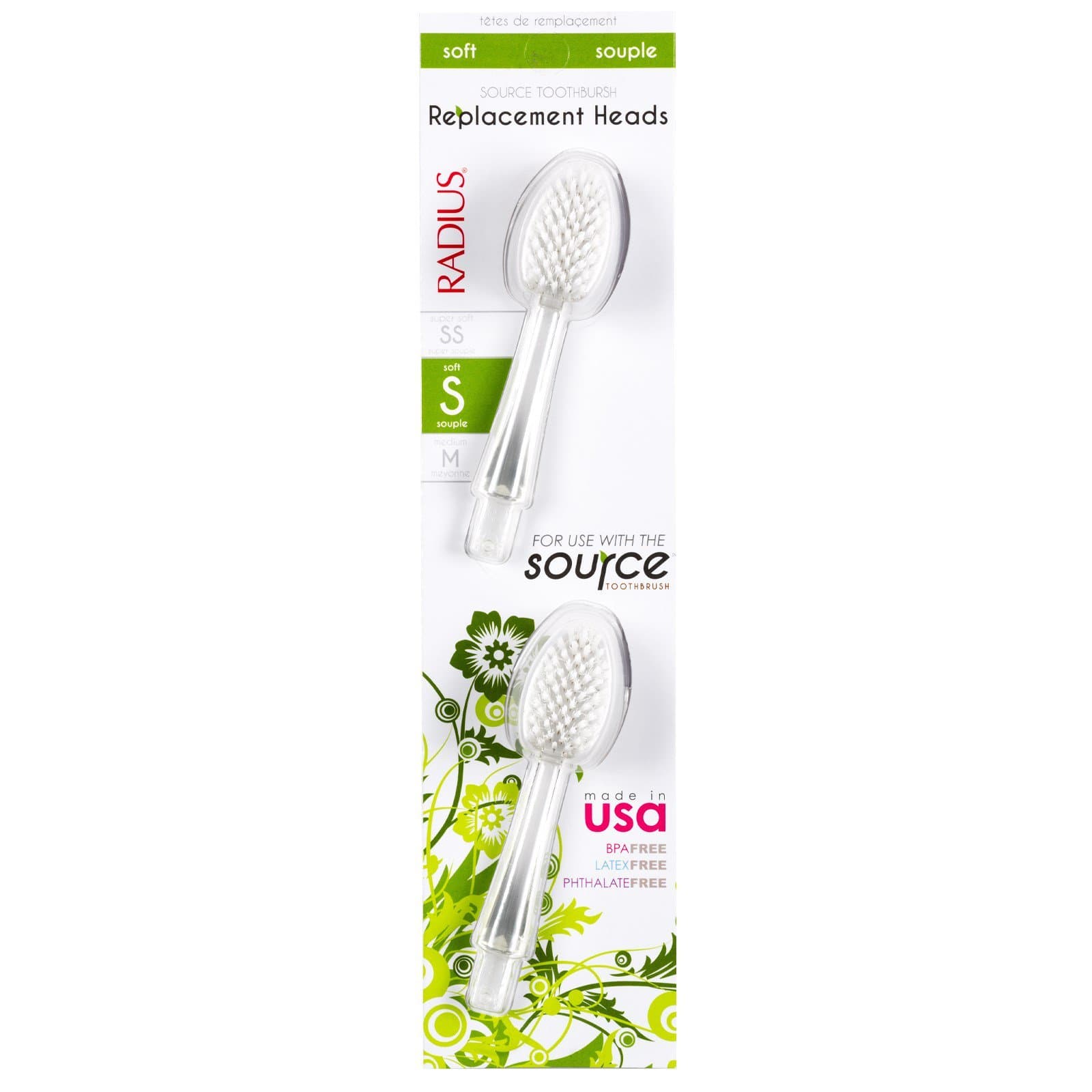 RADIUS - Toothbrush Replacement Heads, For Source and Tour Toothbrushes, Premium Bristles (Soft, Pack of 2)