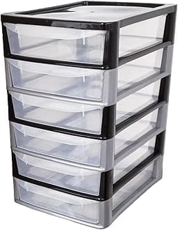 A4 Drawers Storage Unit, Plastic Storage Drawers, Desktop Table top Storage Tower Unit Home, School, Office, Bedroom & Living Room Cosmetic Stationery Organizer (A4 6 Drawers Black/Silver)